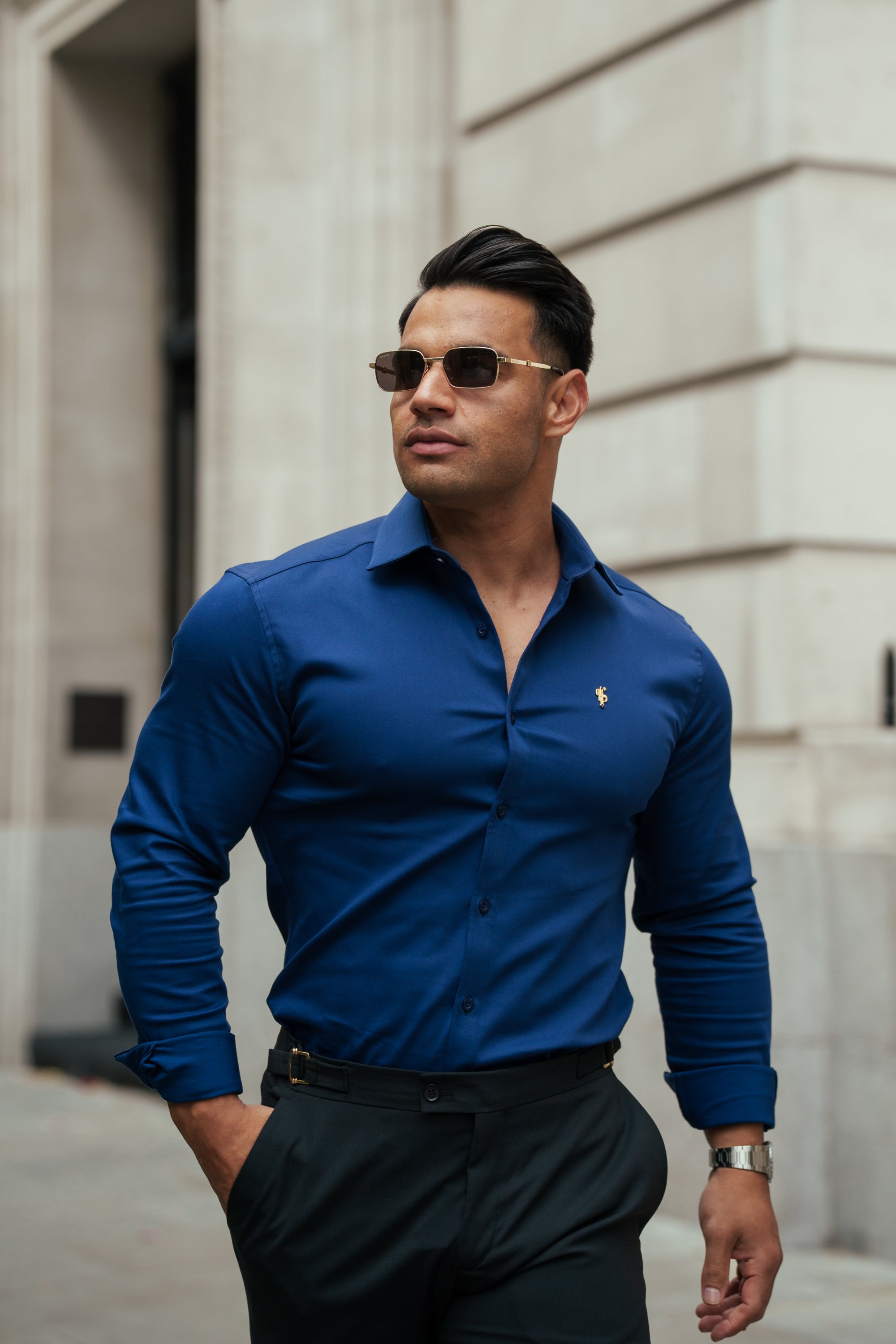 Super Slim Stretch Navy Denim Long Sleeve with Cutaway Collar - FS1149