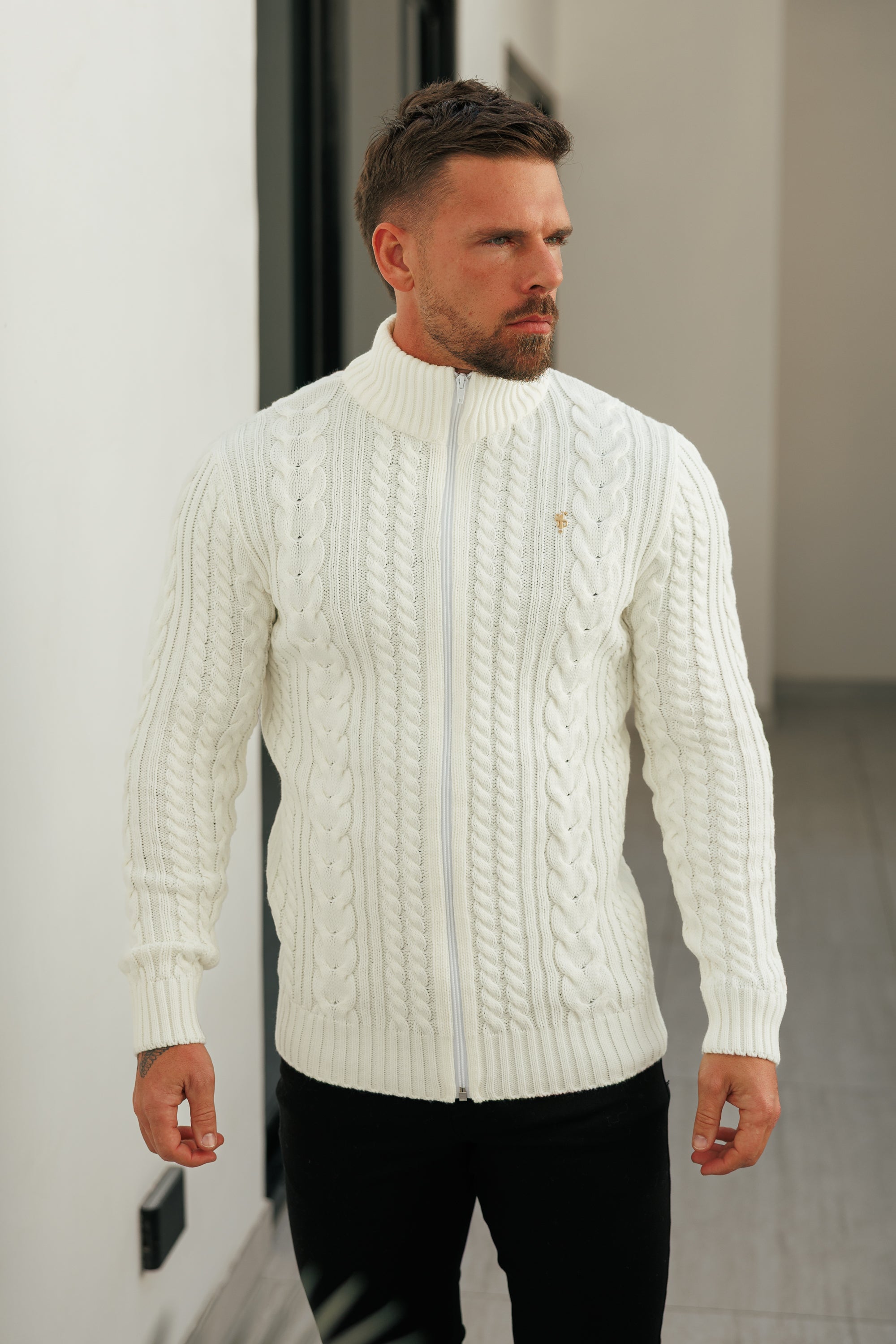 Chunky Zipped Cardigan Cream - FSJ143