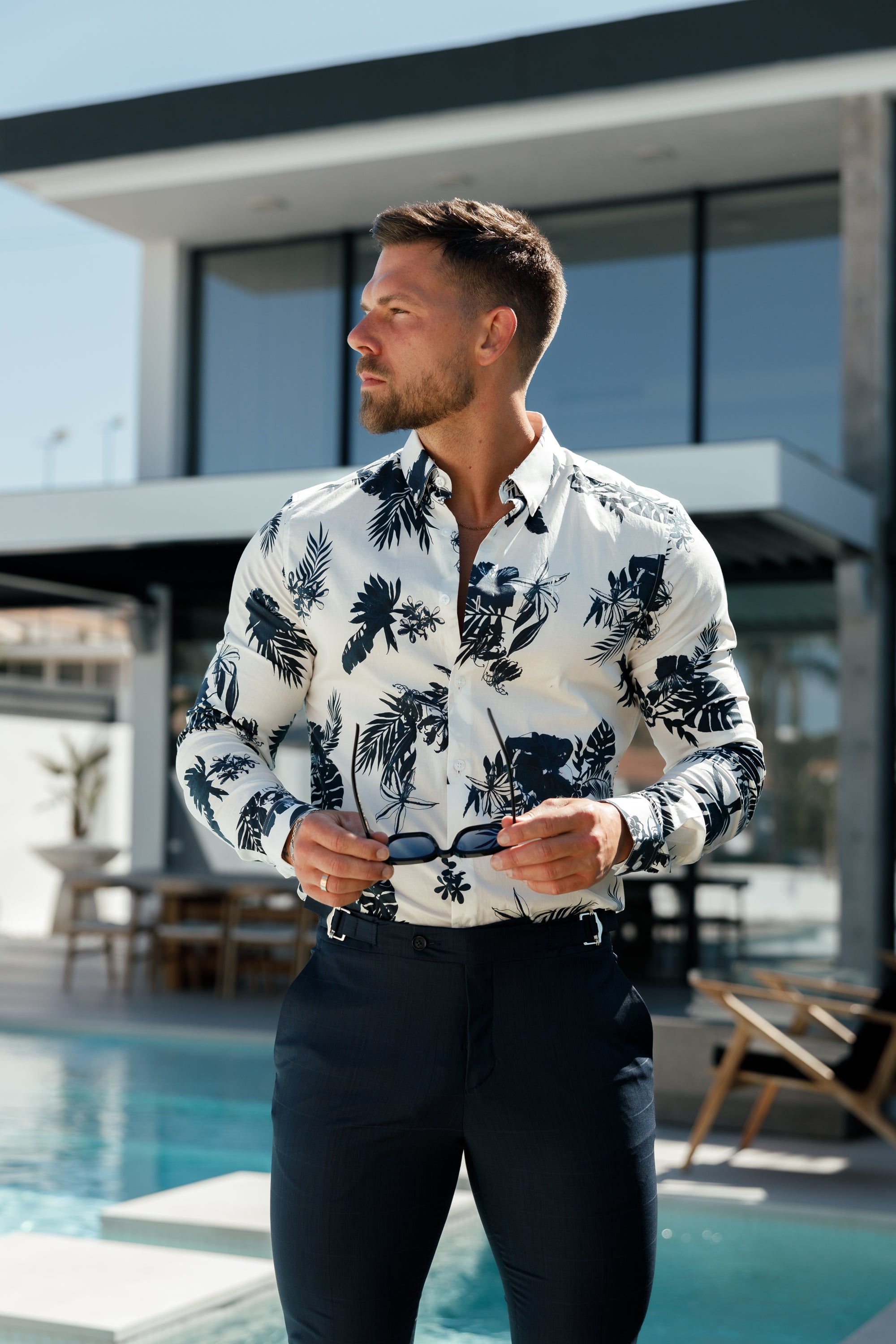 Slim Formal Navy Self Check Stretch Trousers with Side Adjusters - FST030