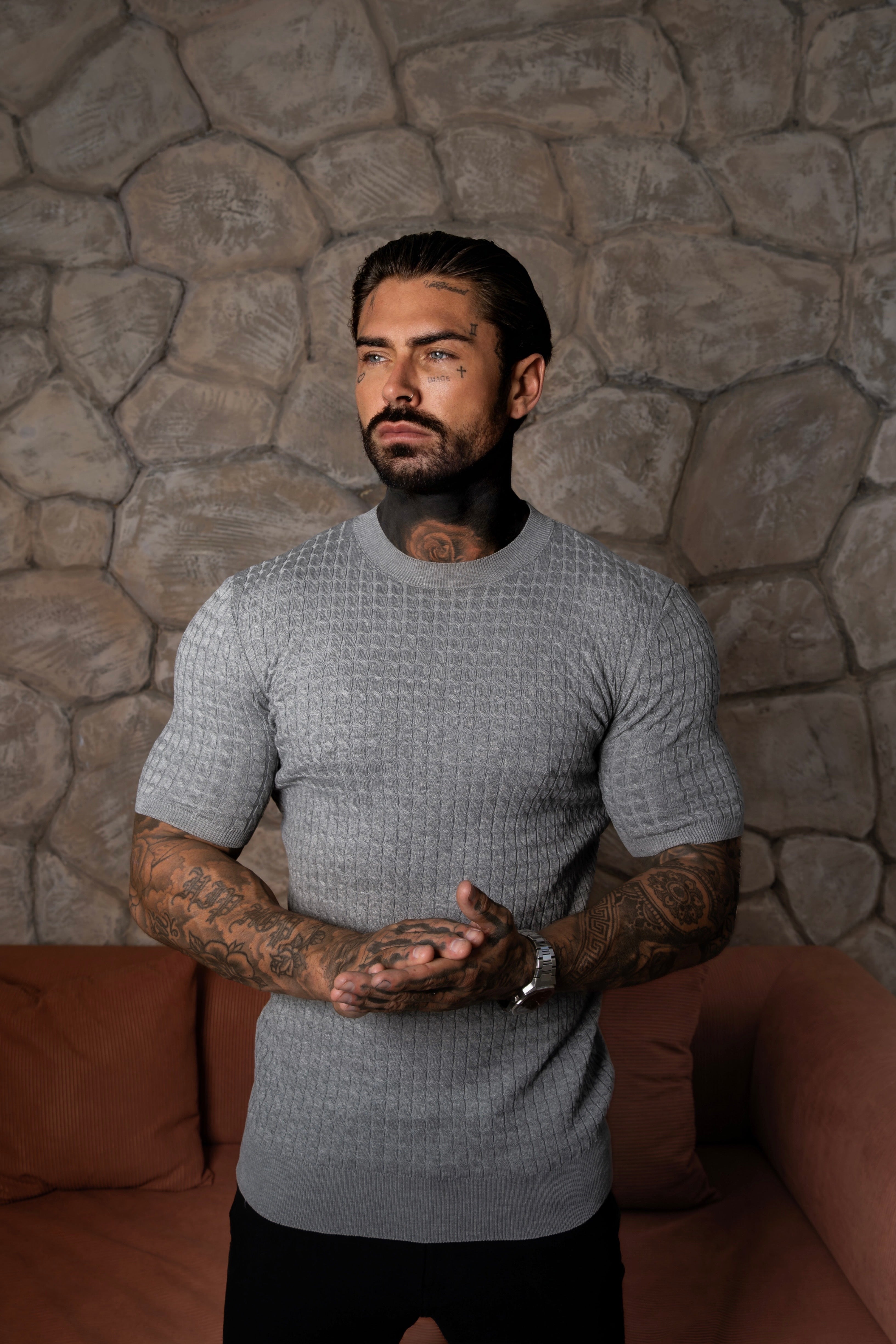 Front Chain Knit Crew T-Shirt Light Charcoal Short Sleeve - FSR058