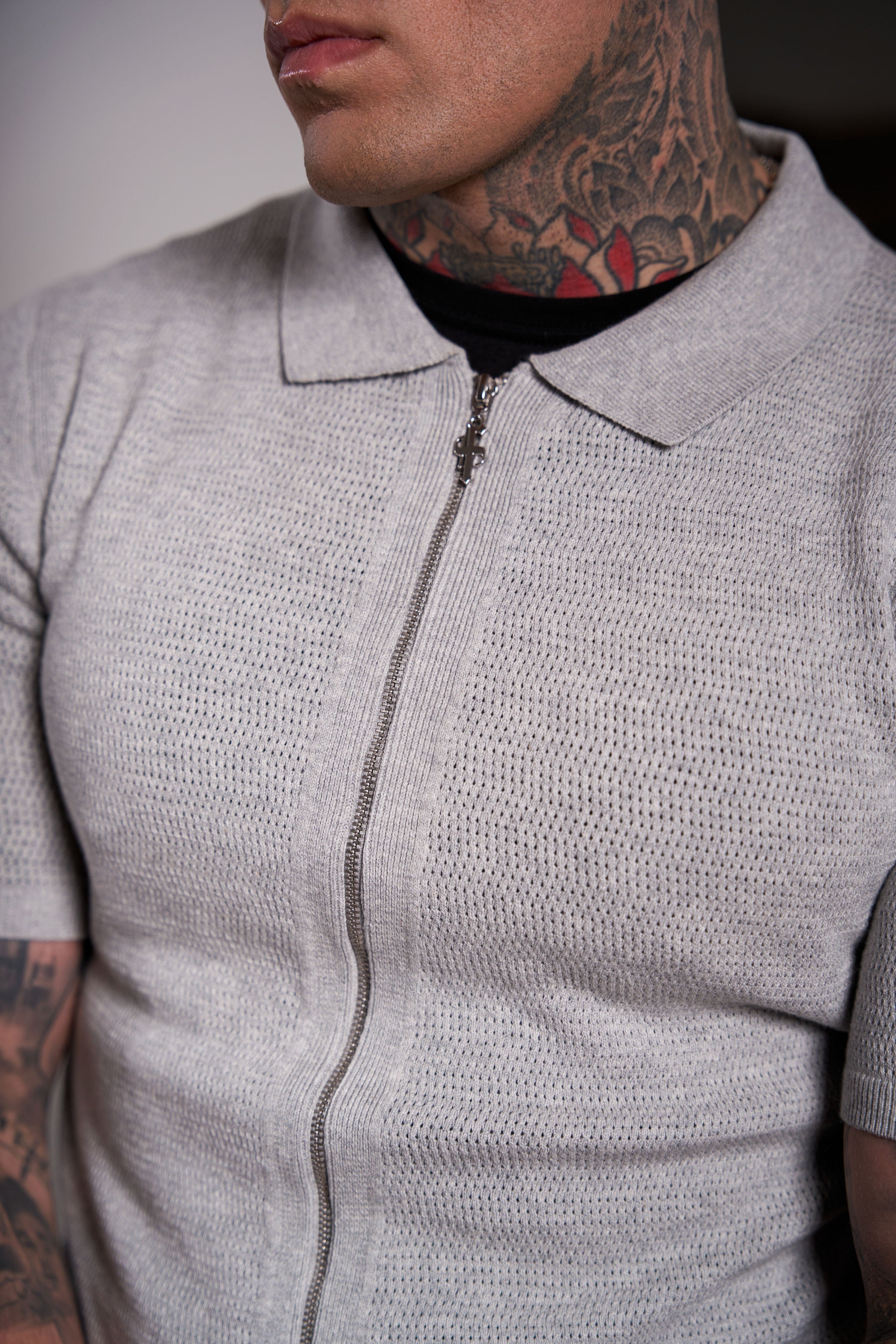Classic Knitted Textured Design With Full Length Zip Light Grey Short Sleeve - FSN154