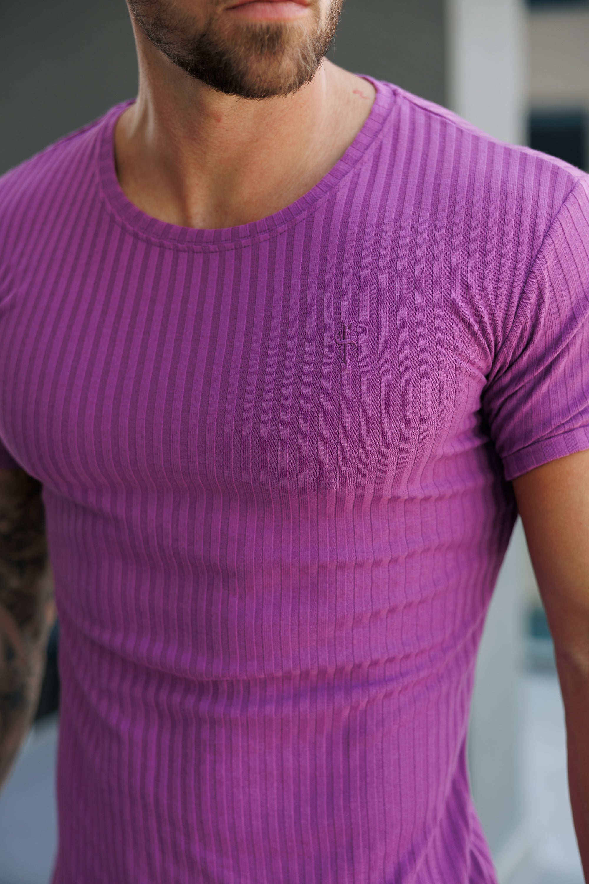 Classic Light Purple Ribbed Knit Super Slim Short Sleeve Crew - FSH1161