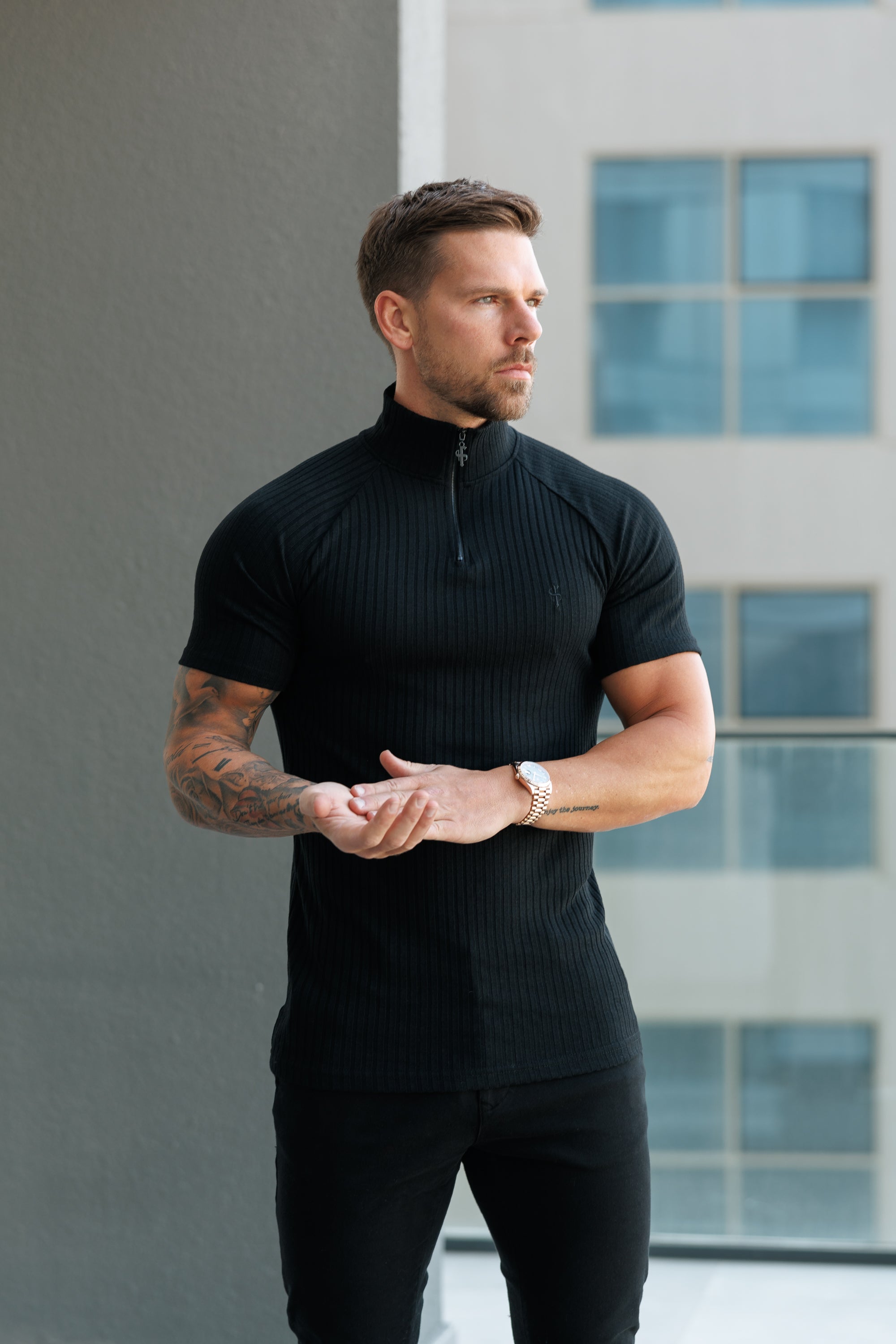 Classic Black Ribbed Zip Funnel Neck Raglan Short Sleeve Crew - FSH729
