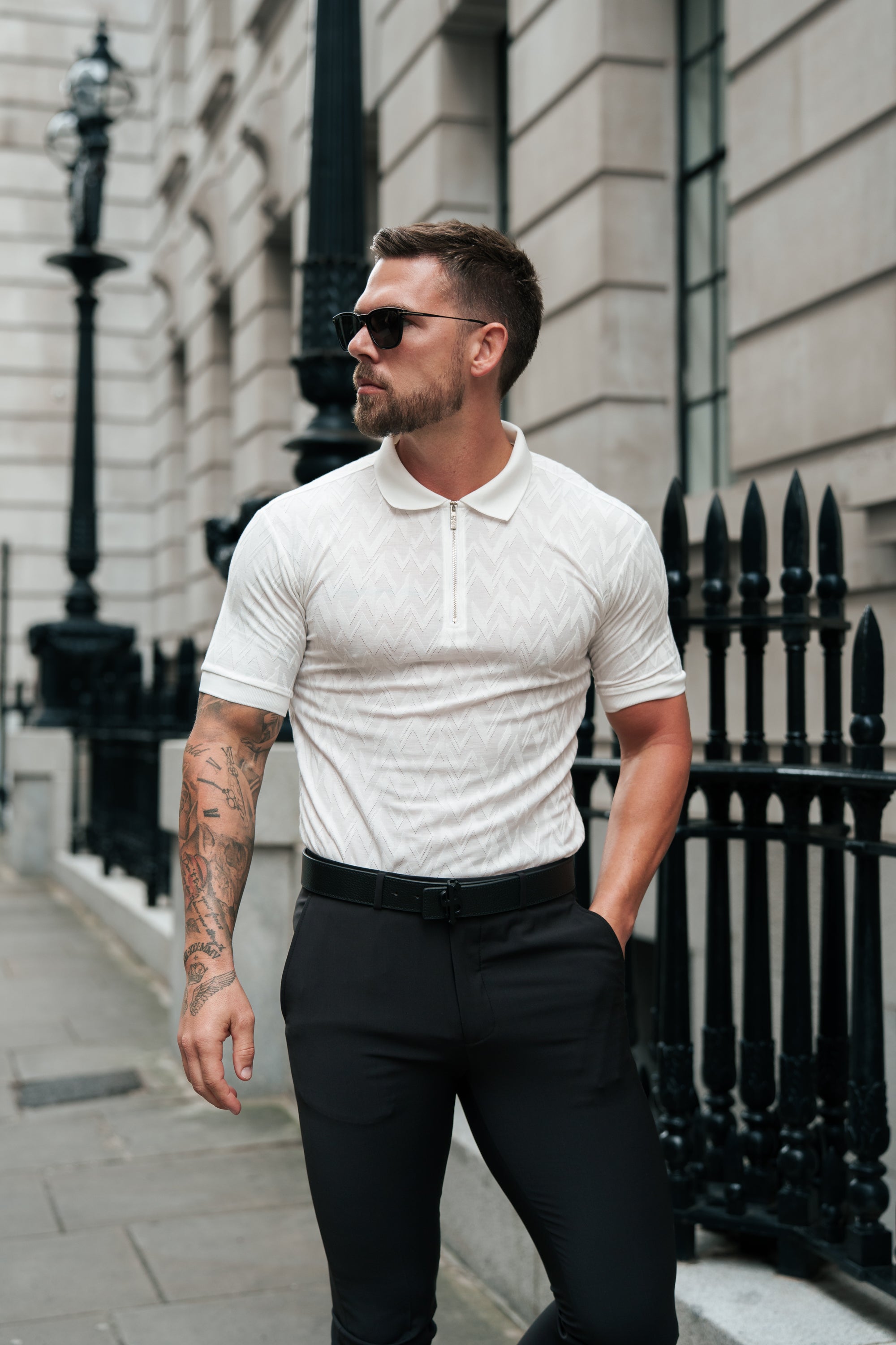 Classic Jacquard White Chevron Zipped Polo - FSR020