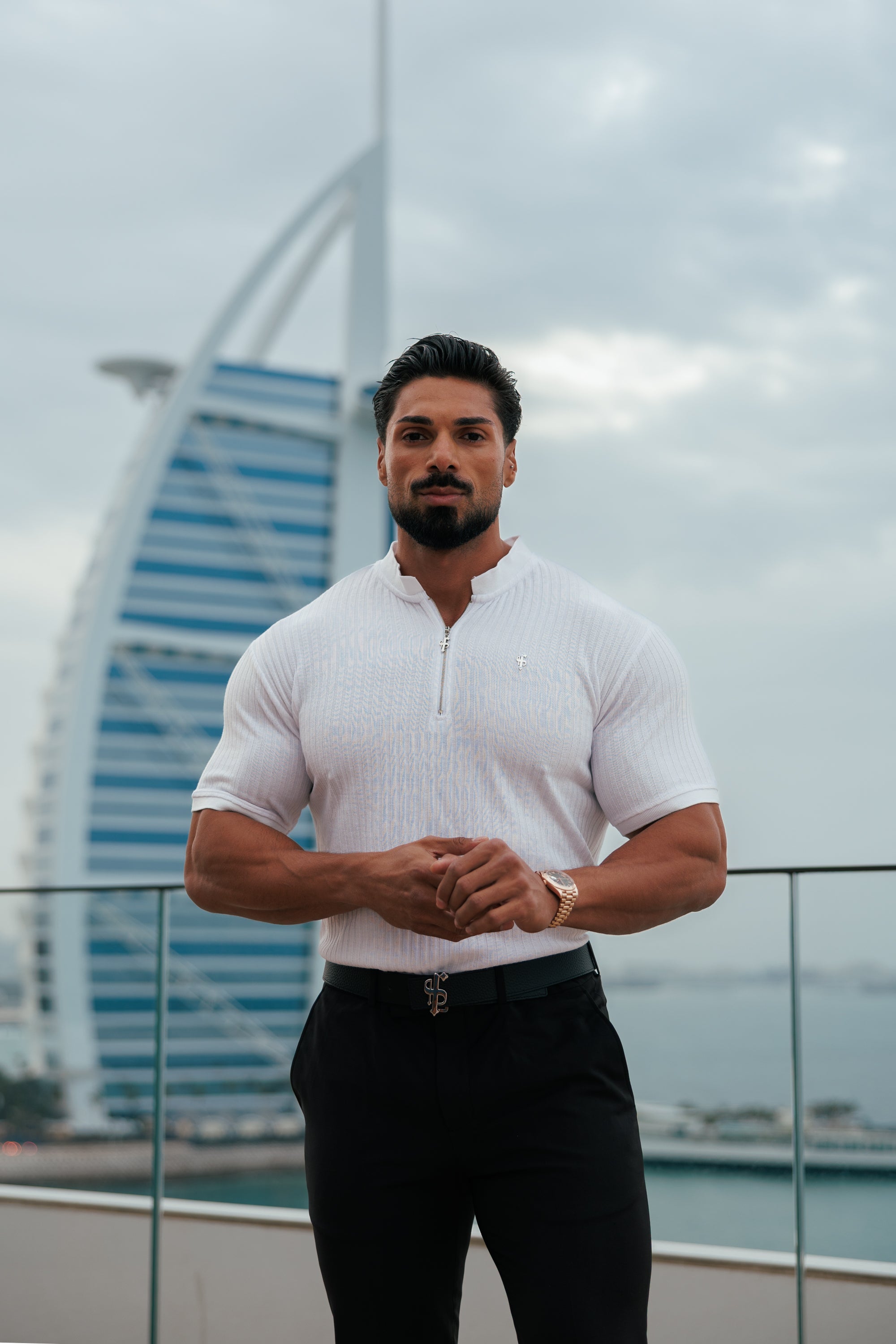 Classic White / Silver Ribbed Zip Grandad Collar Shirt Short Sleeve - FSH1447