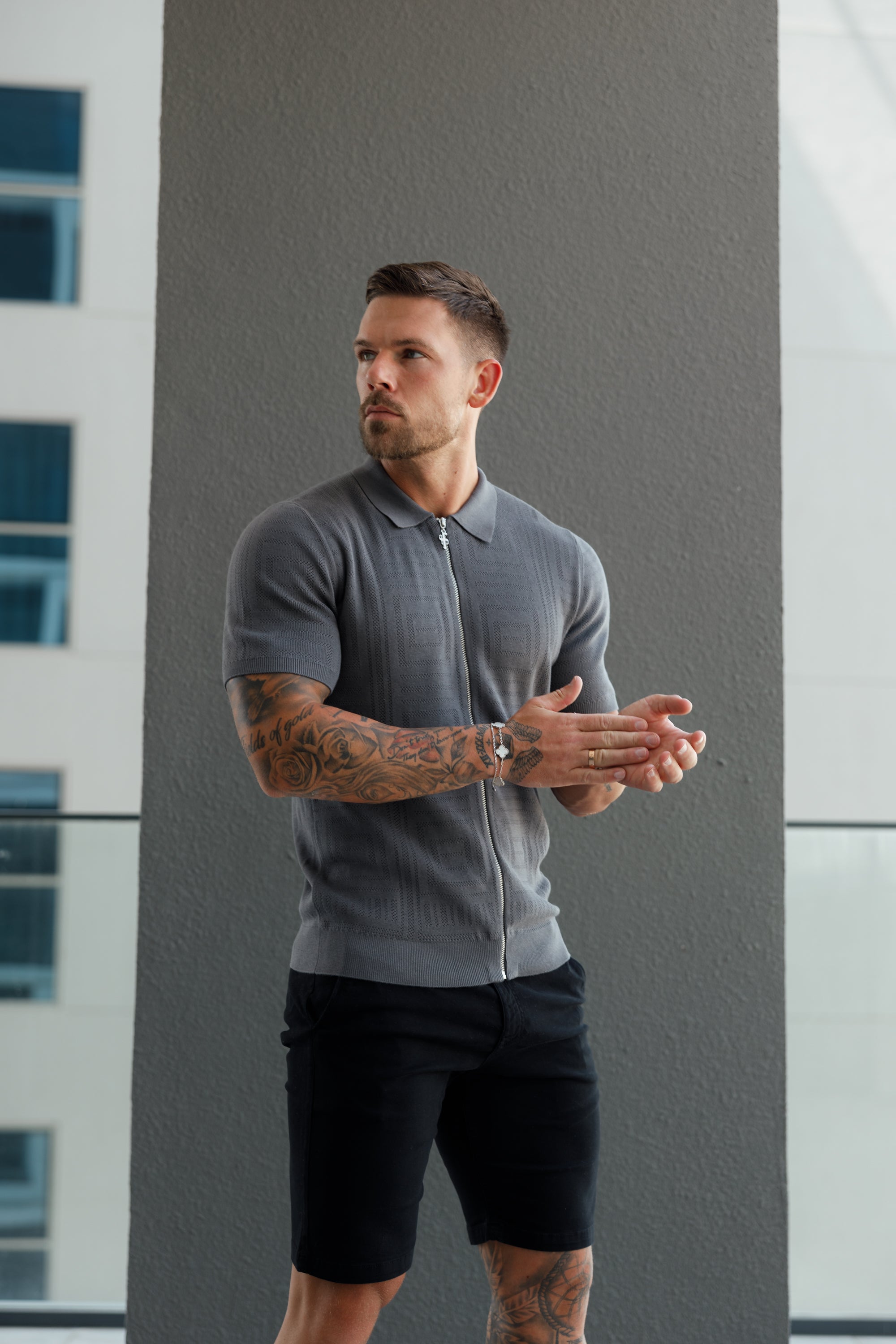 Classic Knitted Geo Design With Full Length Zip Gunmetal Short Sleeve - FSN150