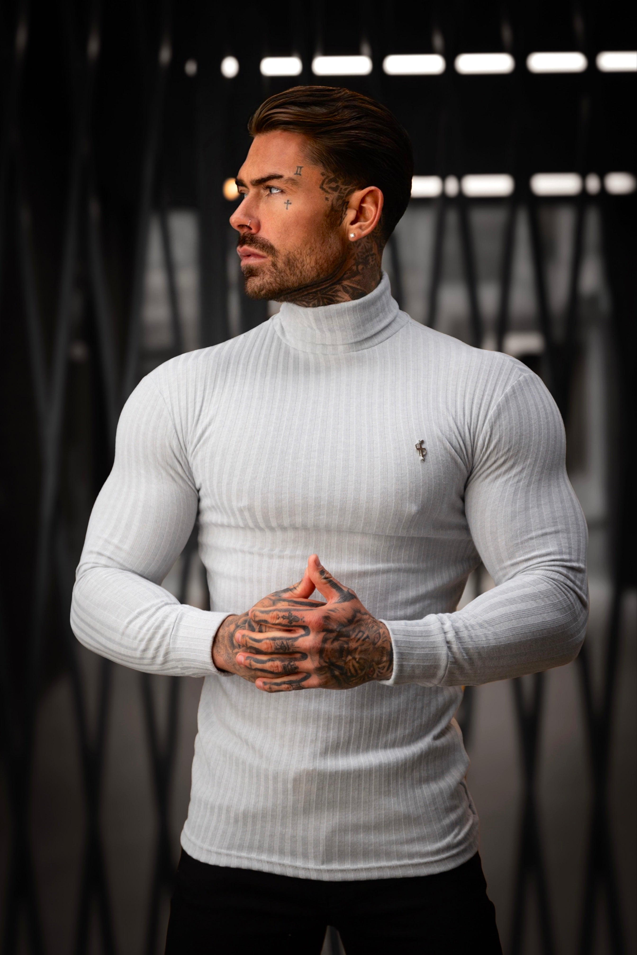 Classic Light Grey / Silver Ribbed Knit Roll-neck Jumper - FSH956