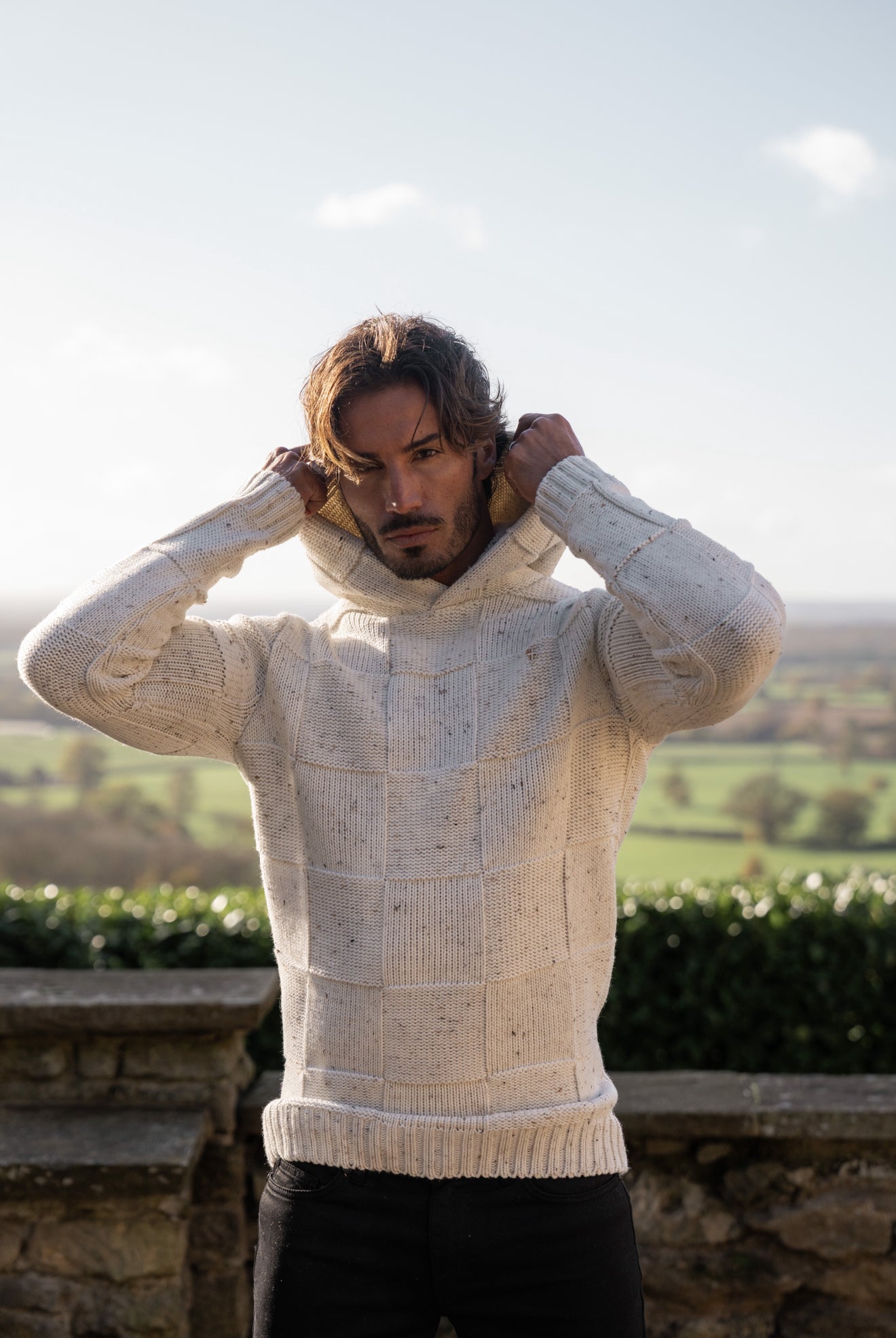 Beige Fleck Checkerboard Knitted Hoodie - FSJ133