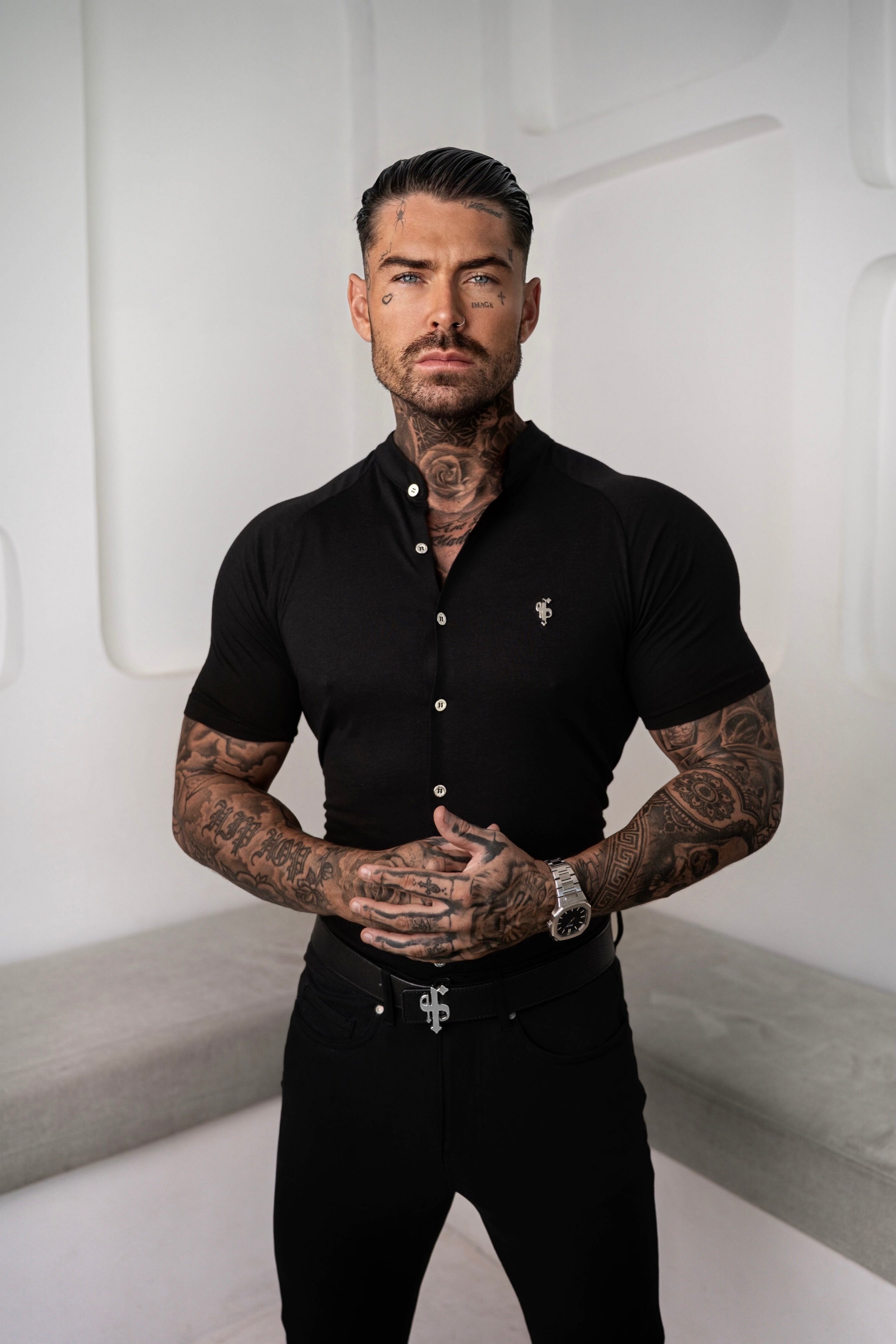 Slim Bamboo Raglan Grandad Collar Black Short Sleeve - FSH1165