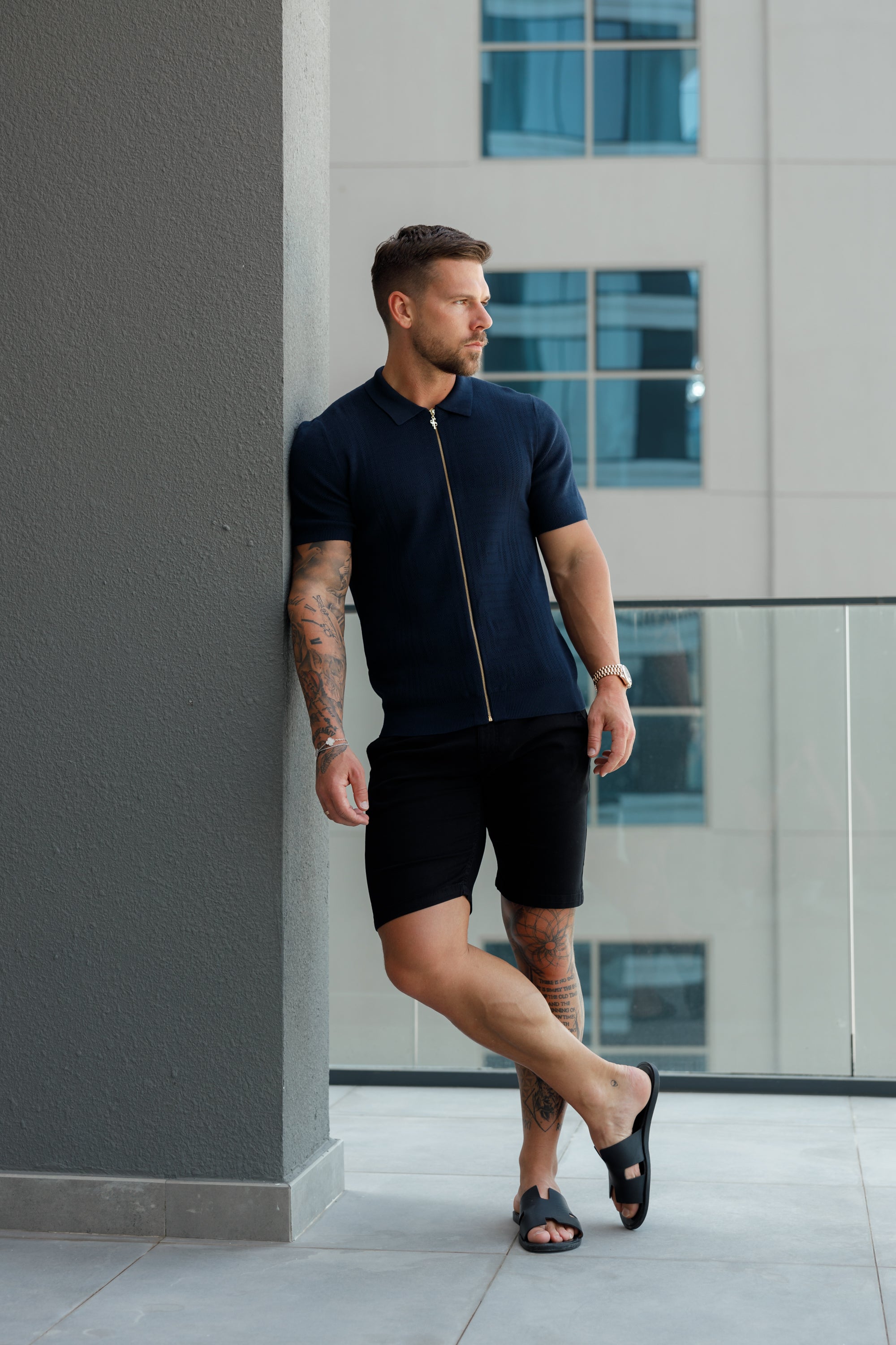 Classic Knitted Geo Design With Full Length Zip Navy Short Sleeve - FSN149