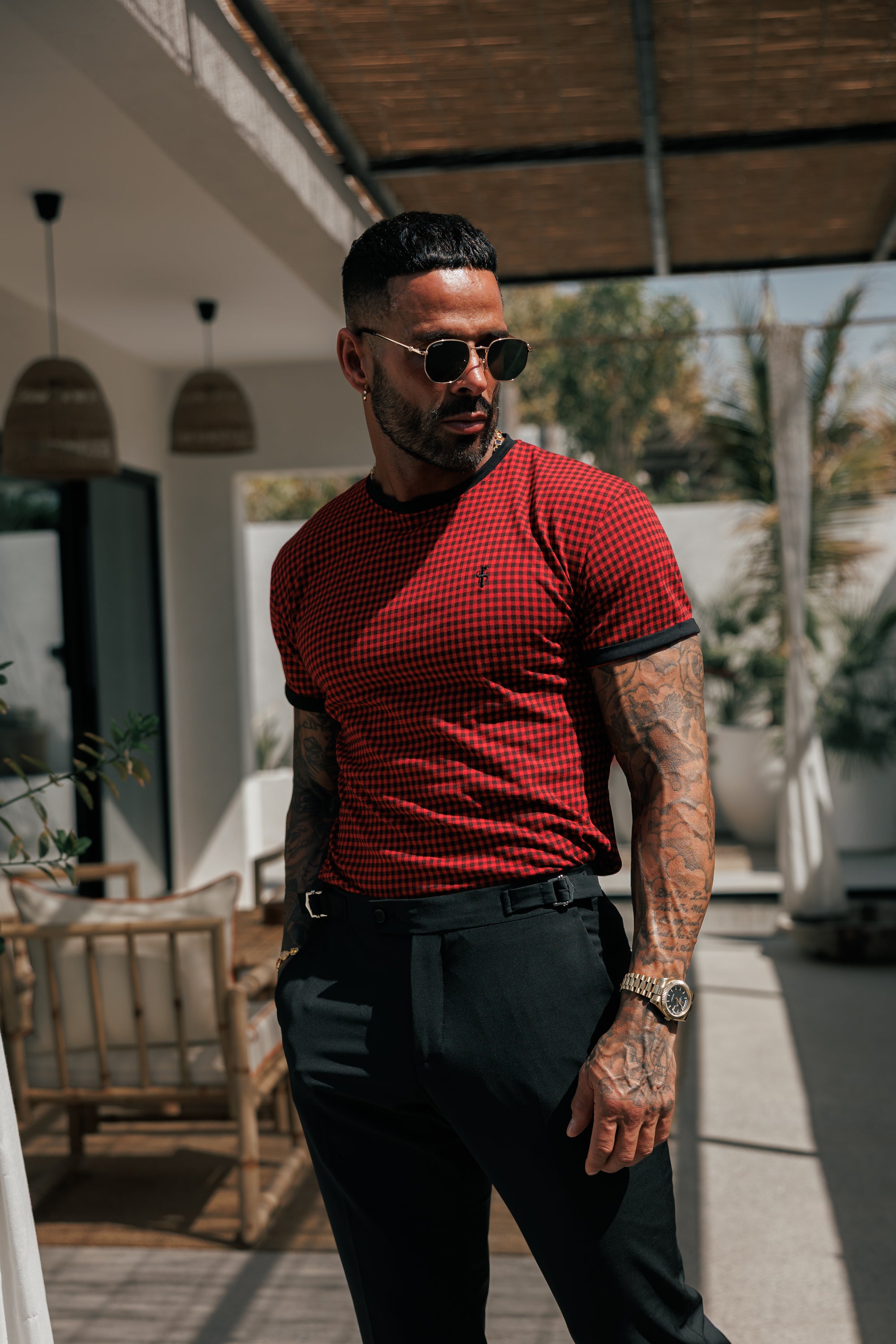 Printed Black / Red Check Fitted T Shirt - FSH1237