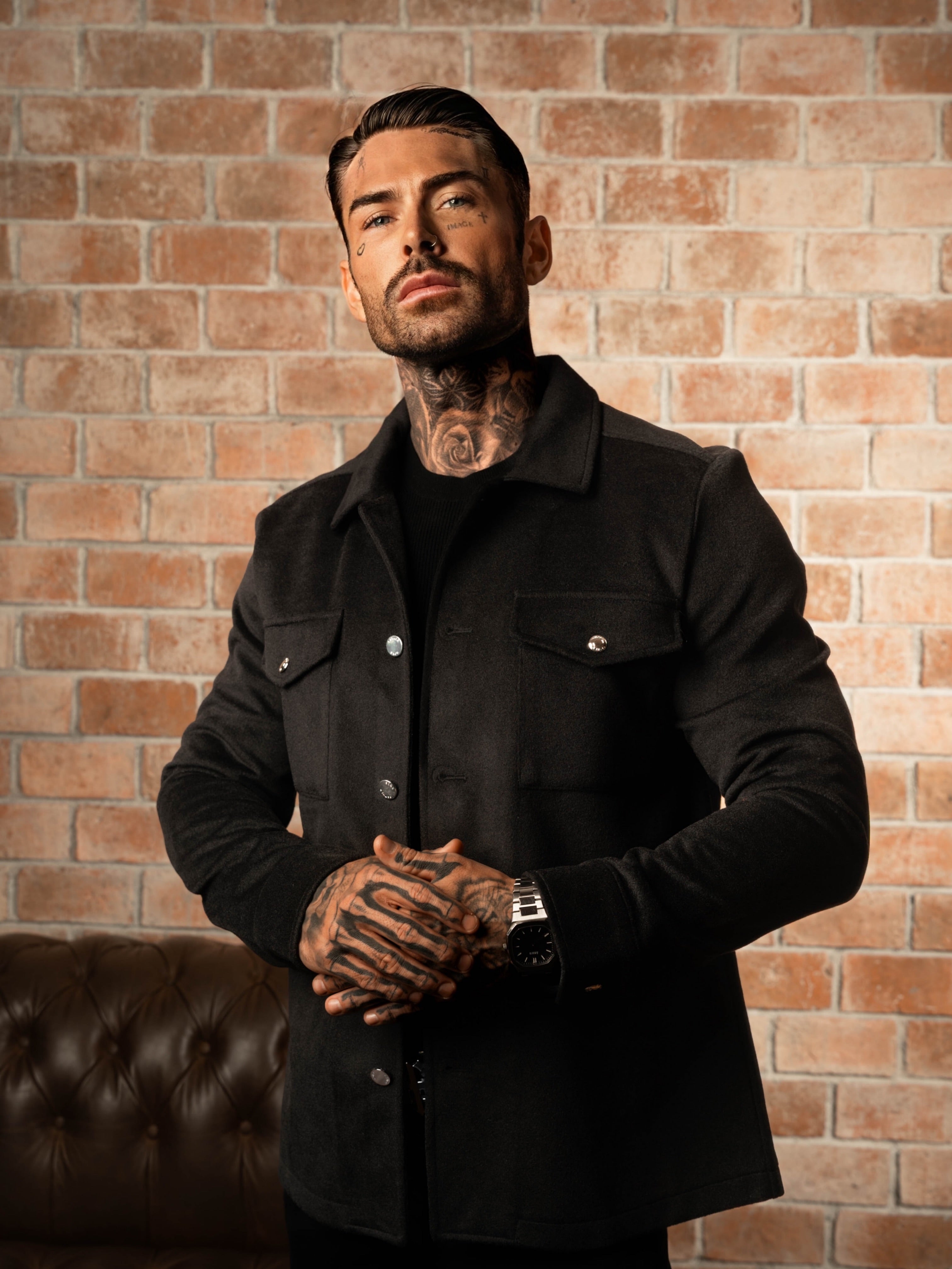 Brushed Button Up Plain Jacket Black - FSN182