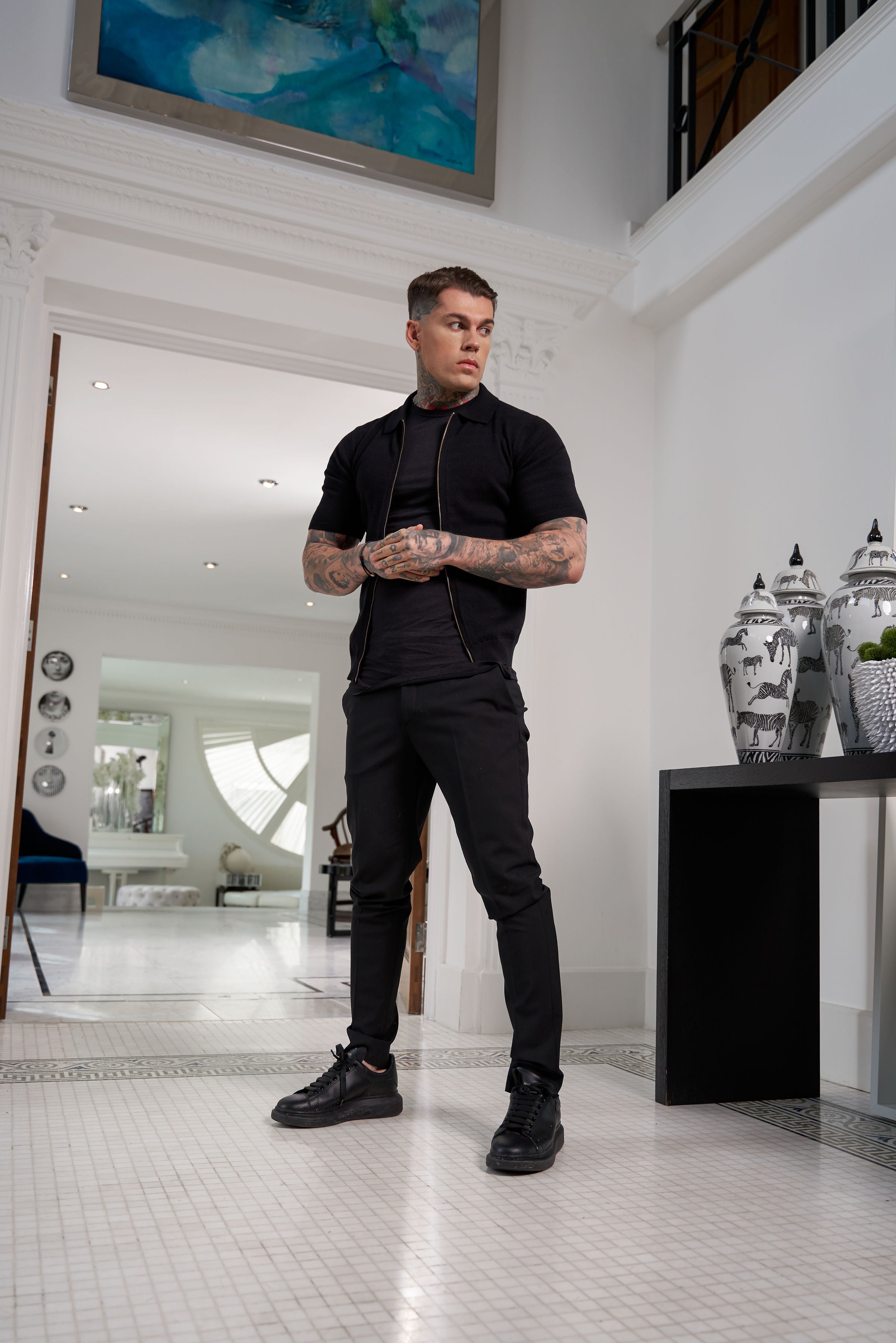 Classic Knitted Textured Design With Full Length Zip Black Short Sleeve - FSN151