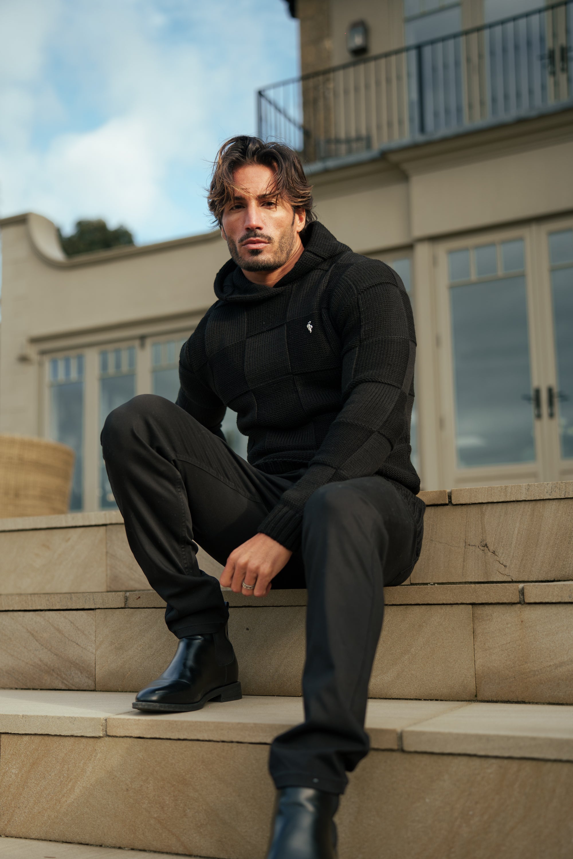 Black Checkerboard Knitted Hoodie - FSJ135