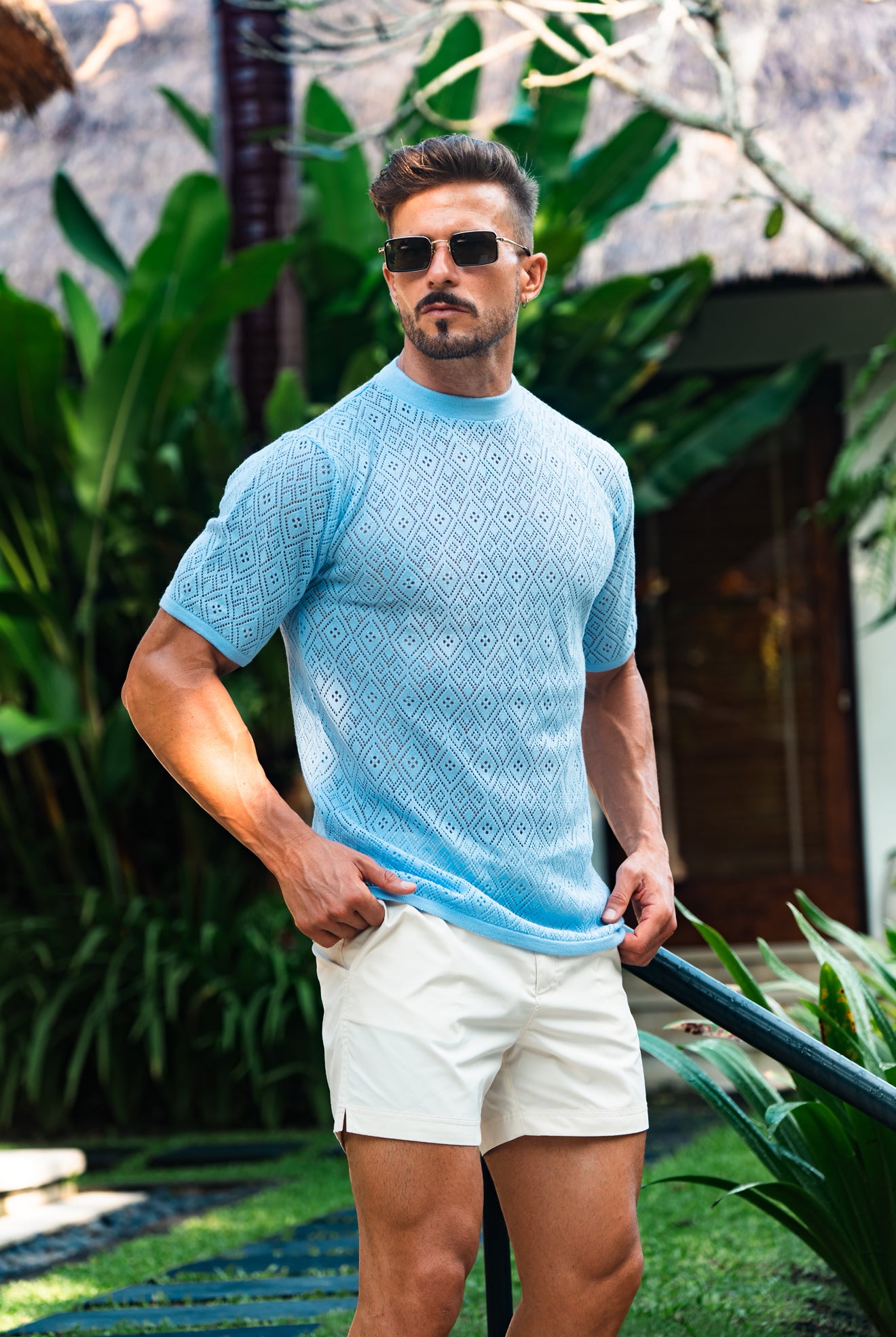 Crochet Crew T-Shirt Blue Short Sleeve - FSJ088