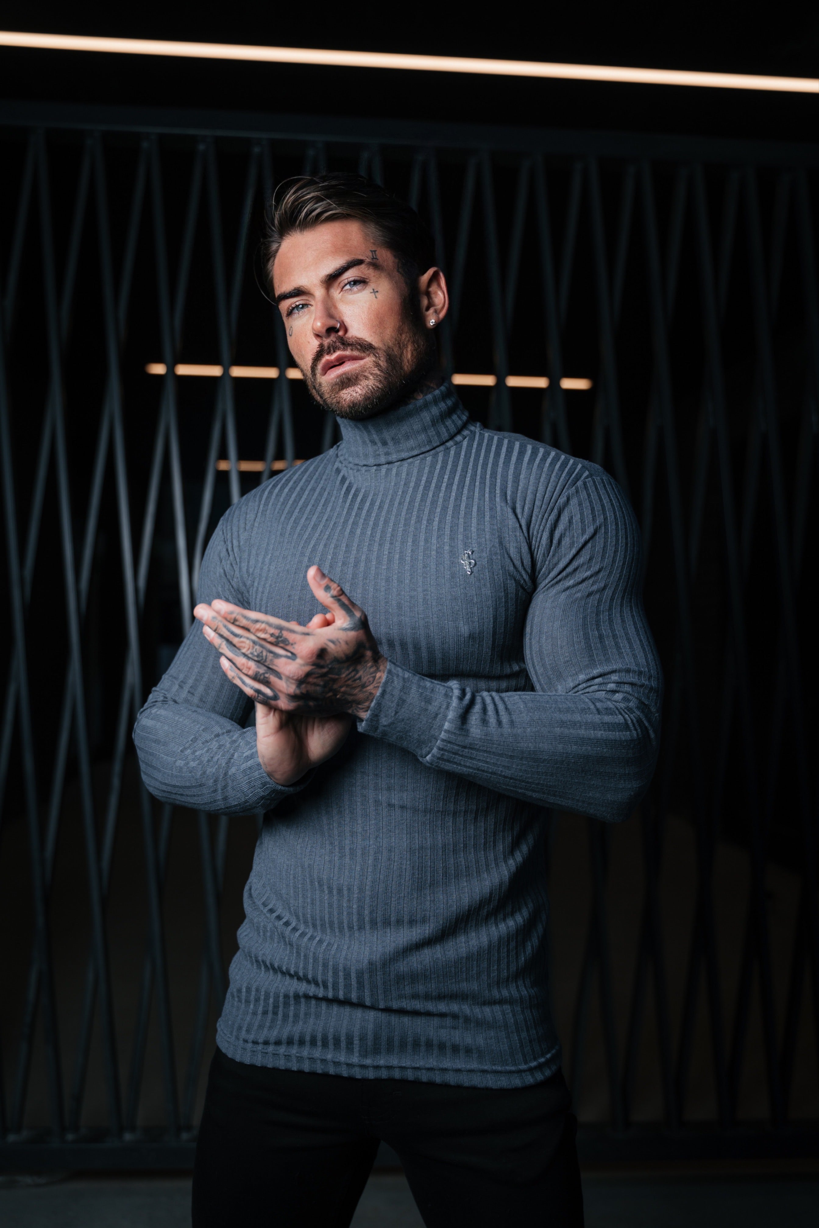 Super Slim Charcoal / Silver Ribbed Knit Roll-neck Jumper - FSH955