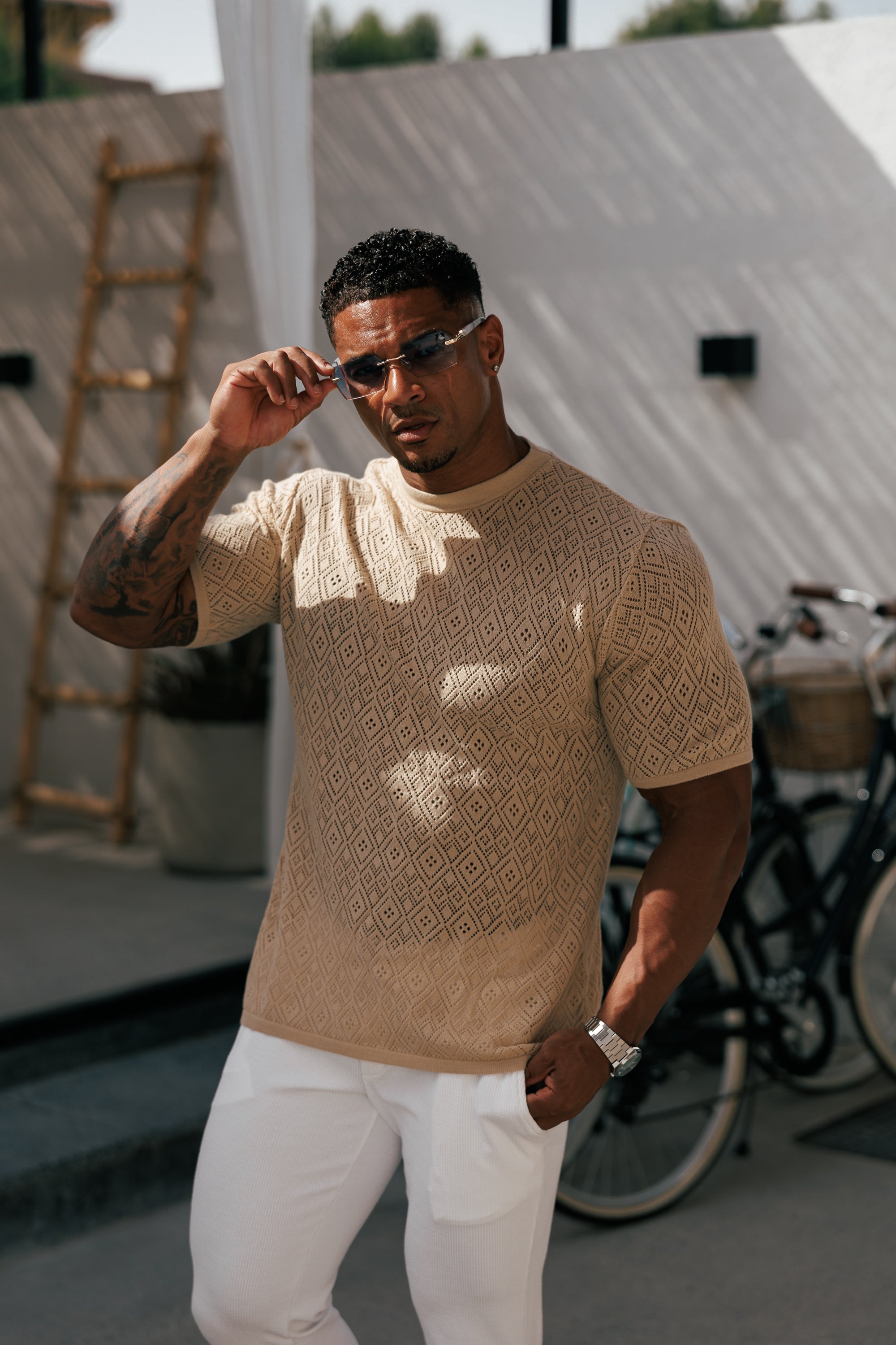 Crochet Crew T-Shirt Honesty Beige Short Sleeve - FSJ087