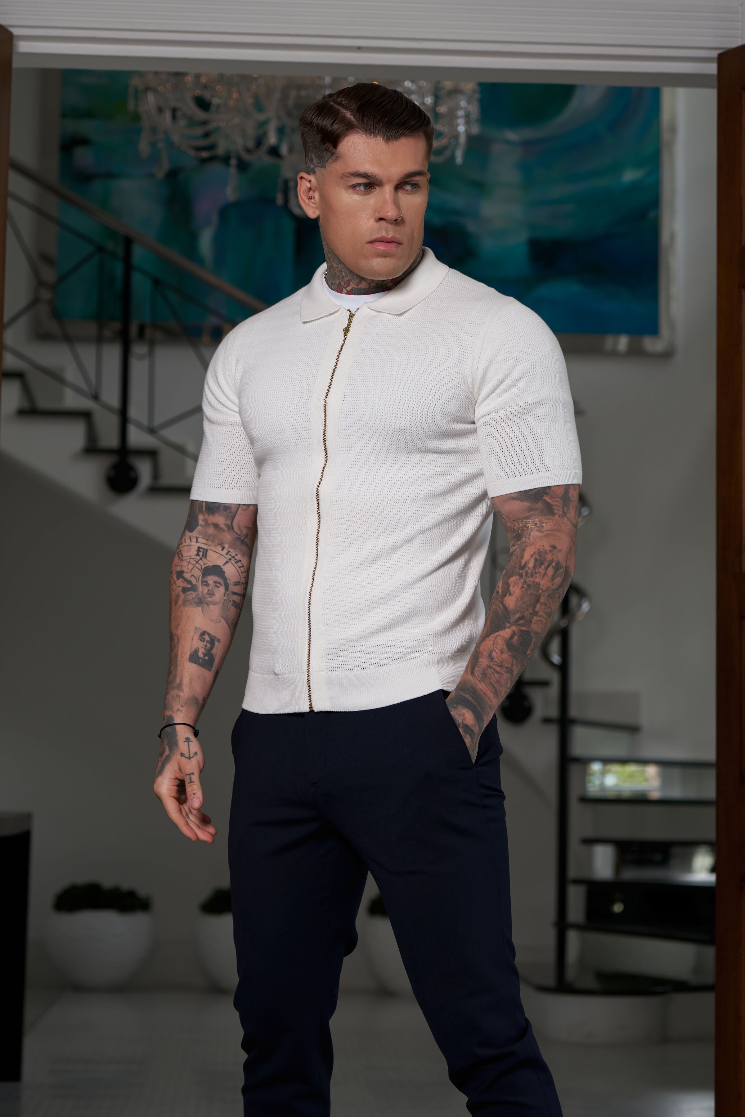 Classic Knitted Textured Design With Full Length Zip Off White Short Sleeve - FSN152