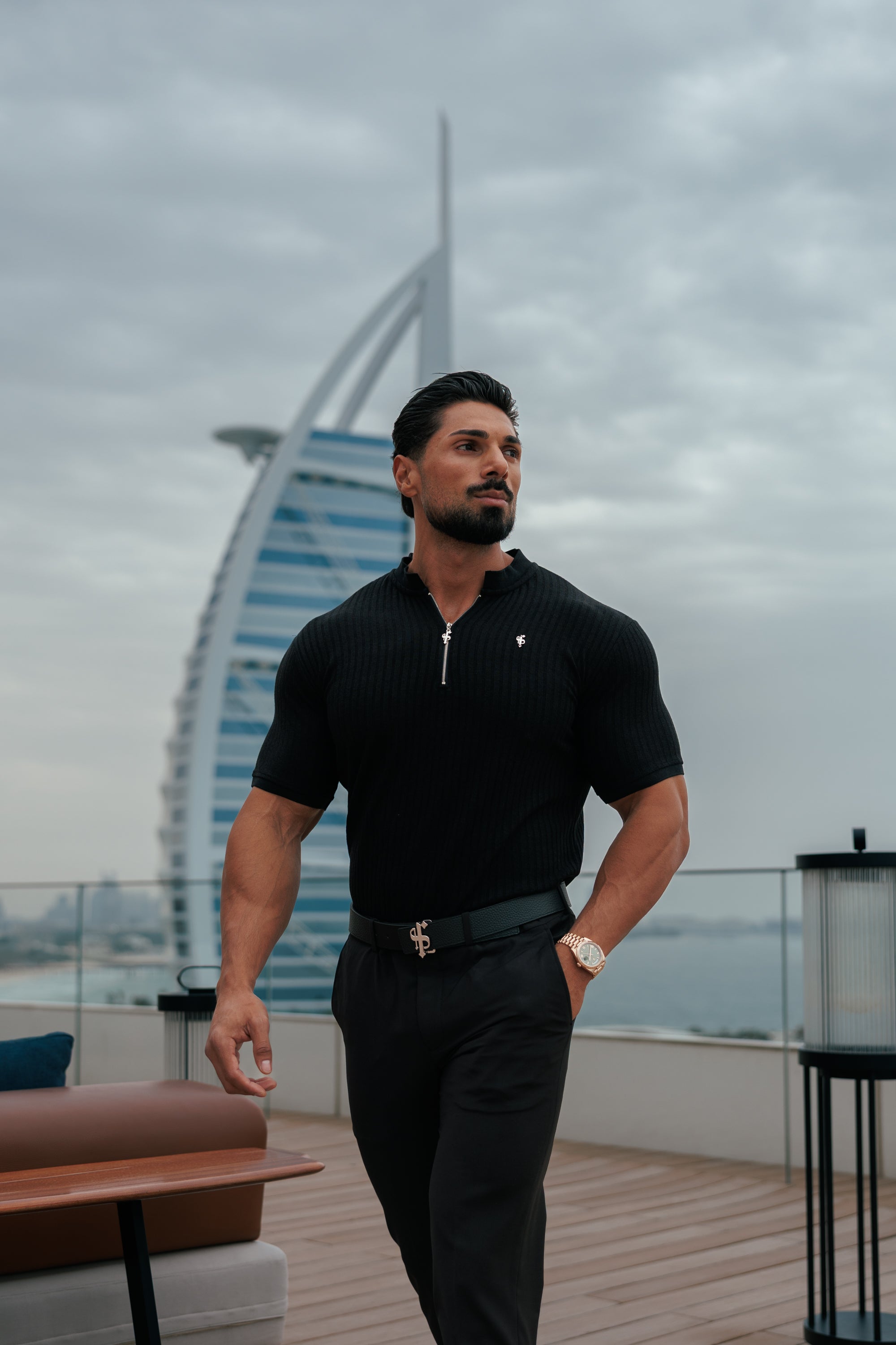 Super Slim Black / Silver Ribbed Zip Grandad Collar Shirt Short Sleeve - FSH1445