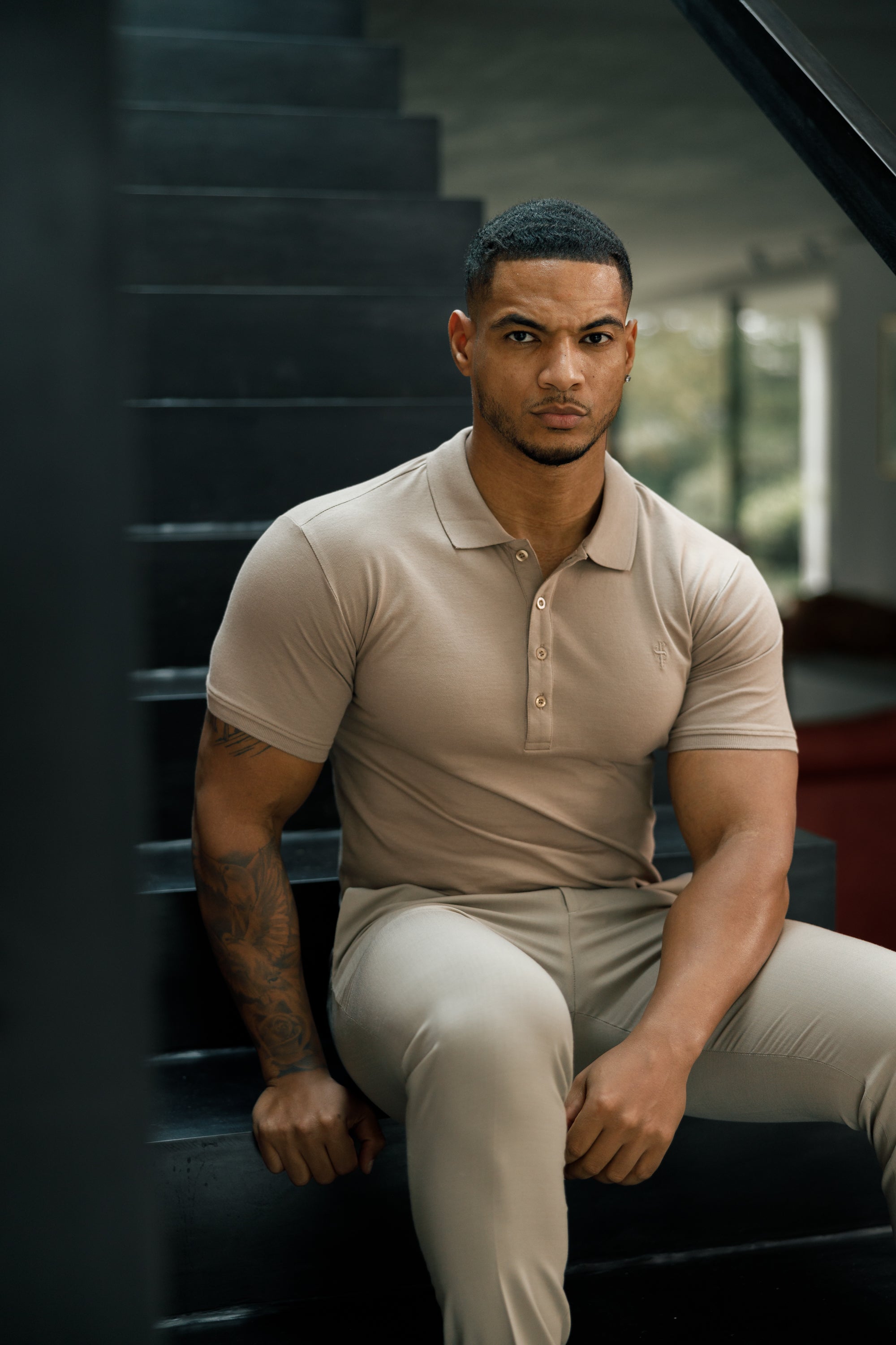 Classic Taupe Polo Shirt with Tonal Button and Embroidery - FSH913