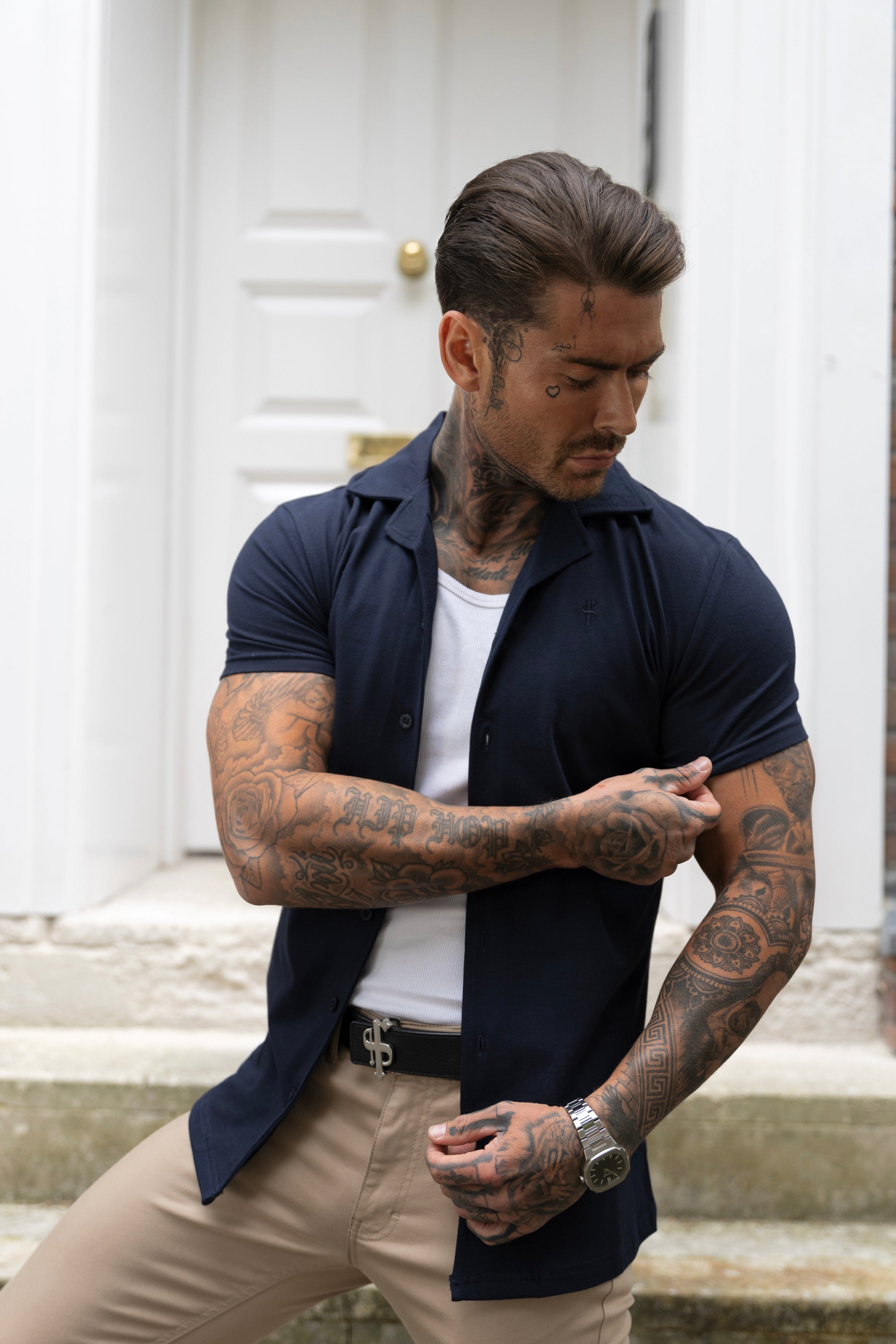 Stretch Navy Pique Revere Shirt Short Sleeve - FSH1069