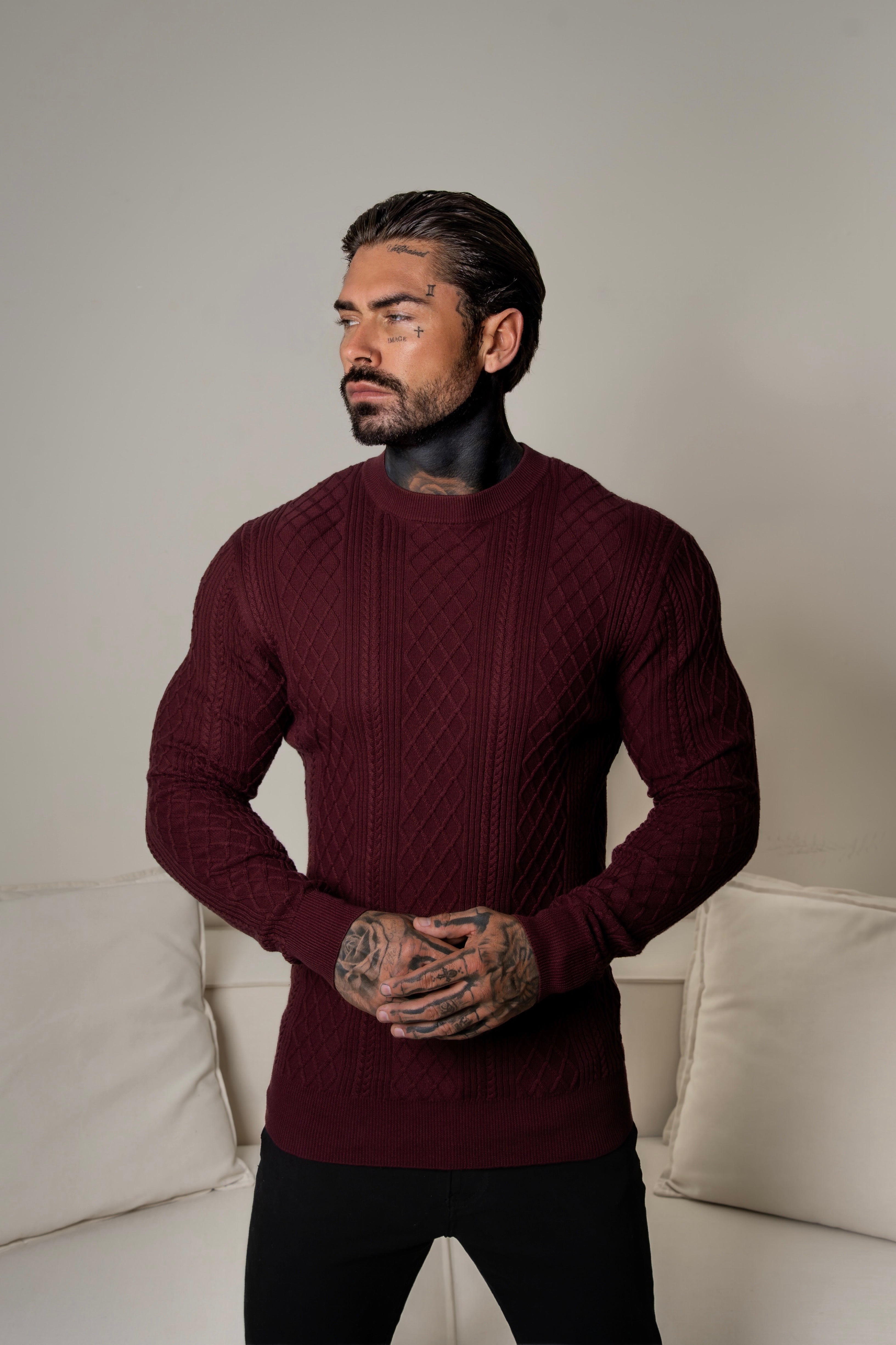 Fine Knit Diamond Burgundy Jumper Long Sleeve - FSA008