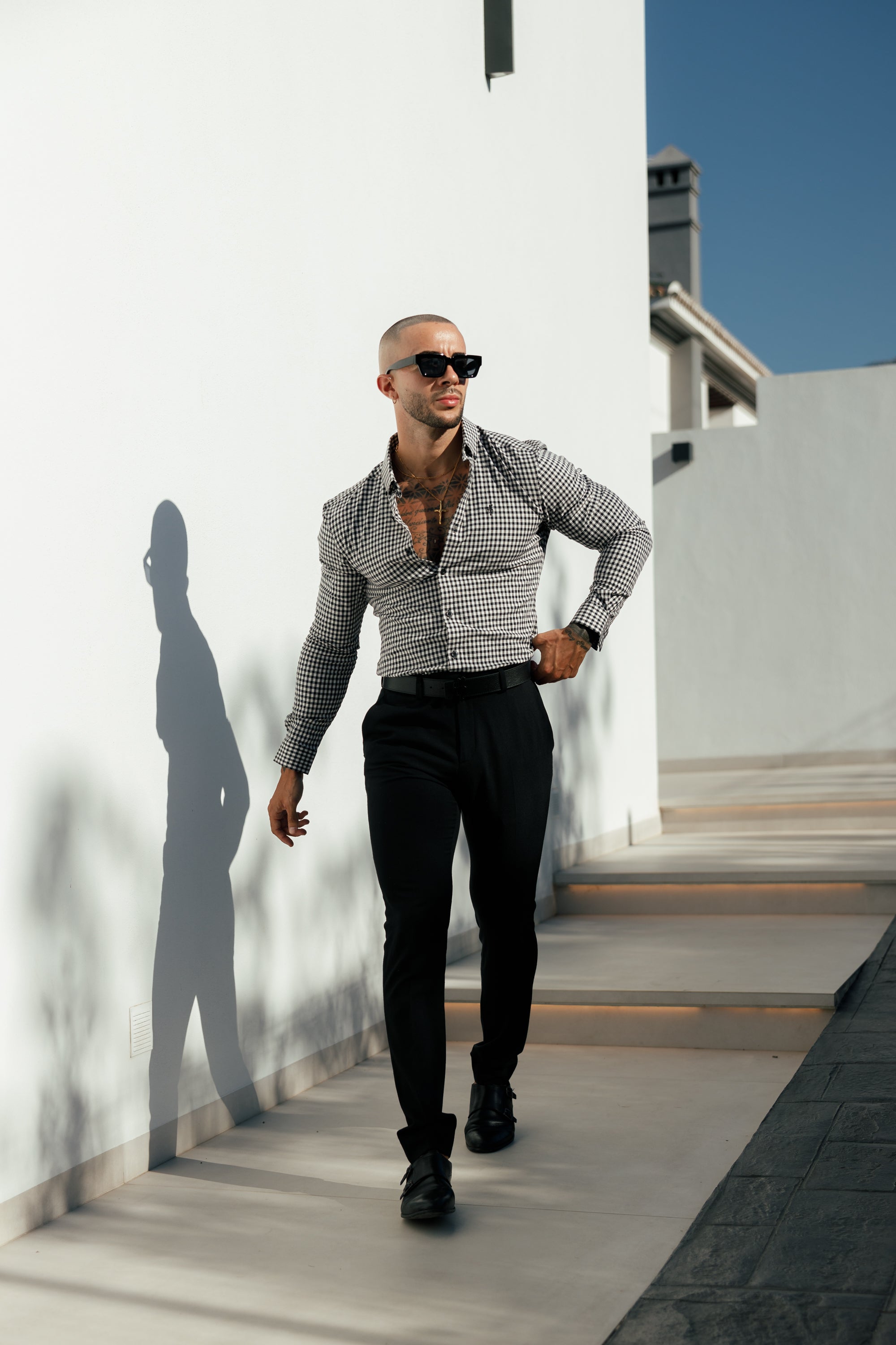 Super Slim Stretch White / Black Check Long Sleeve with Button Down Collar - FS1069