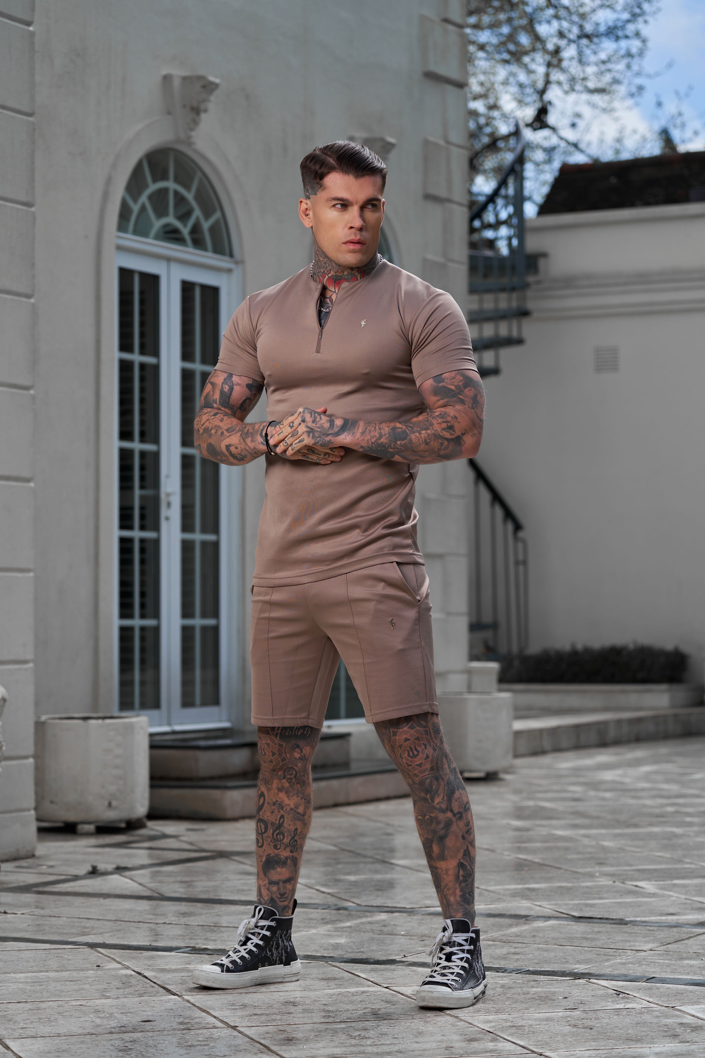 Scuba Taupe / Gold Crew T Shirt With Zip Detail Short Sleeve - FSH1030