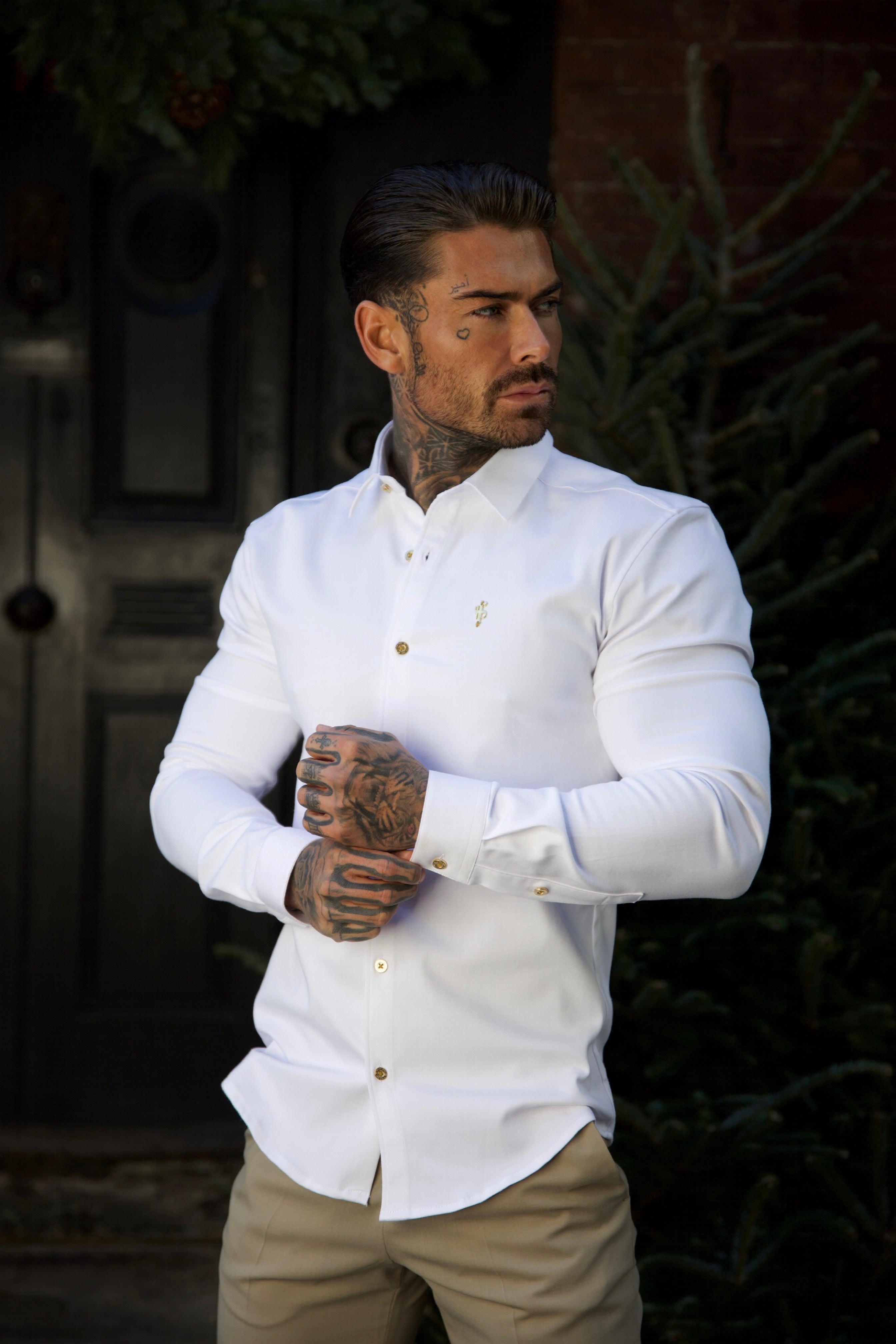 Super Slim Stretch White Denim Long Sleeve with Gold Metal Decal and Buttons - FS925