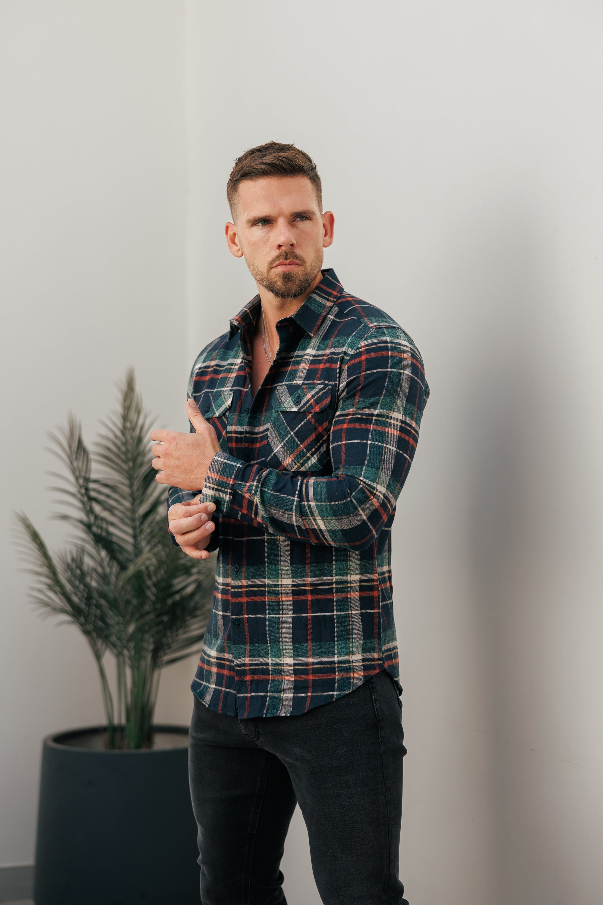 Navy / Green / Rust Check Shacket With Double Pockets - FS1198
