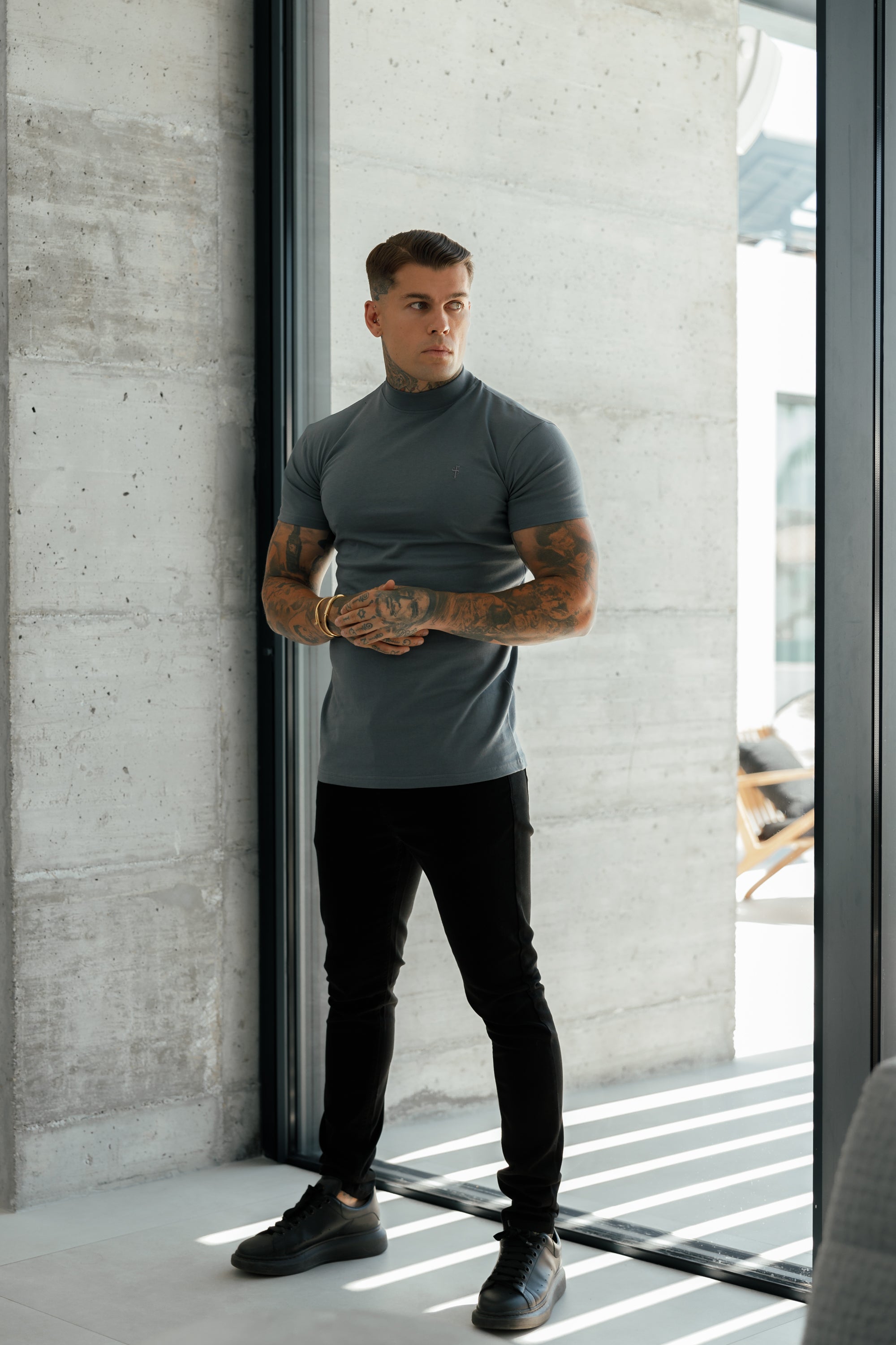 Ribbed High Neck Crew T-Shirt Short Sleeve Charcoal - FSH1115