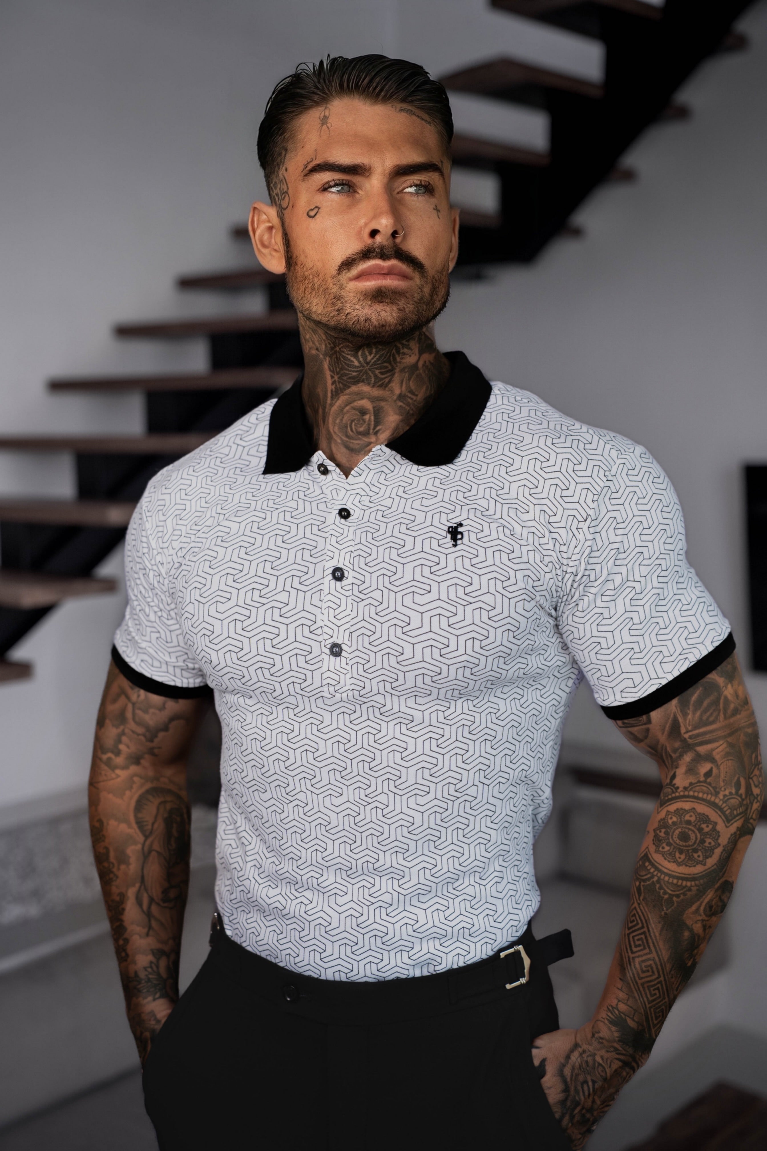 White / Black Geo Printed Polo Shirt - FSH1233