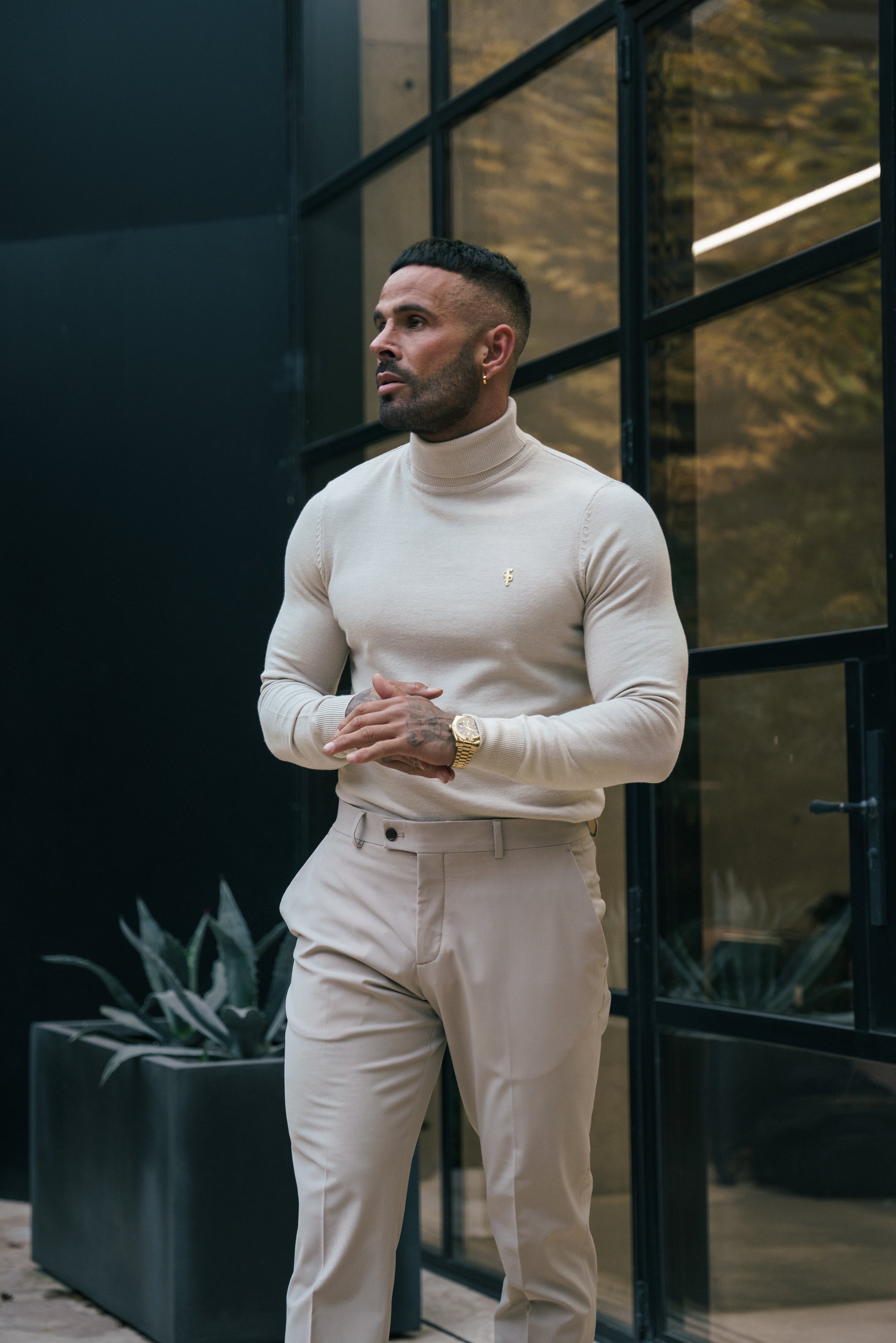 Beige Roll Neck Knitted Jumper With FS Branding - FSN204