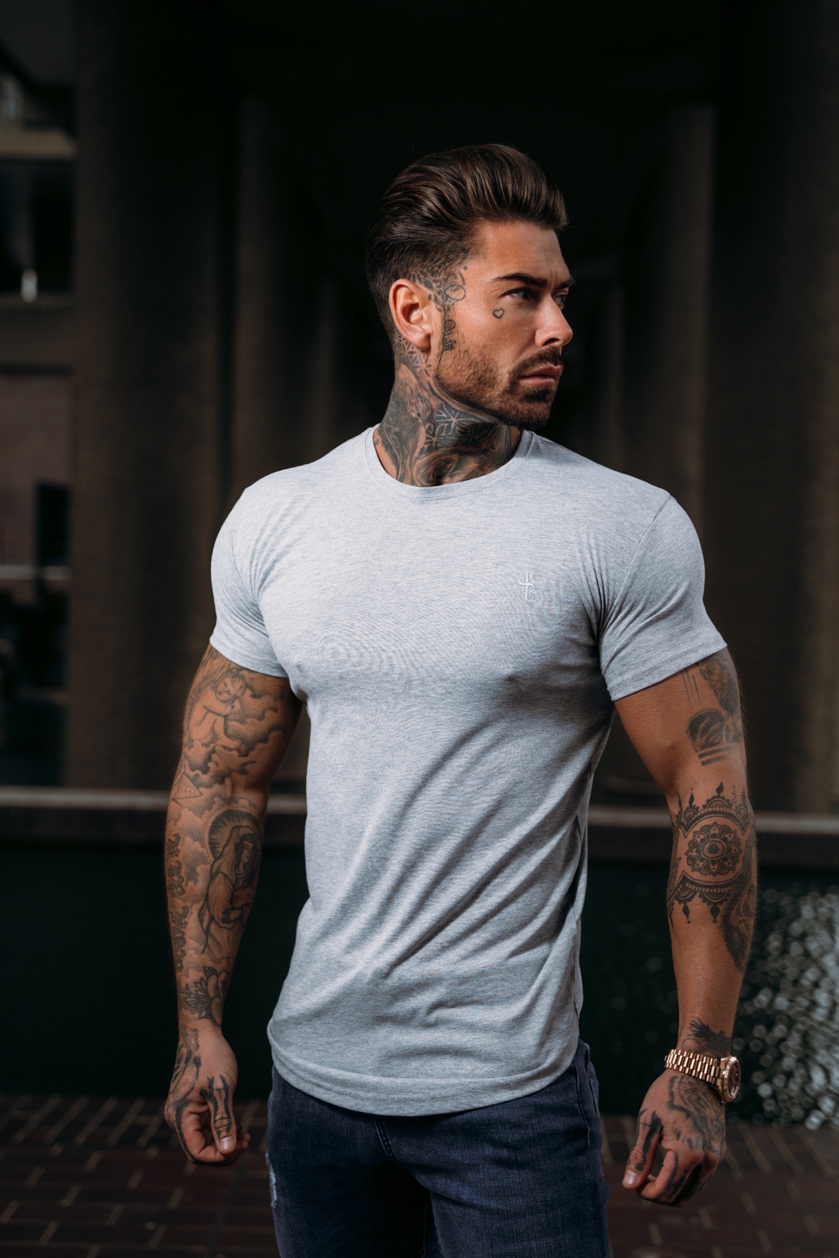 Classic Grey Tonal Curved Hem Crew T Shirt - FSH927