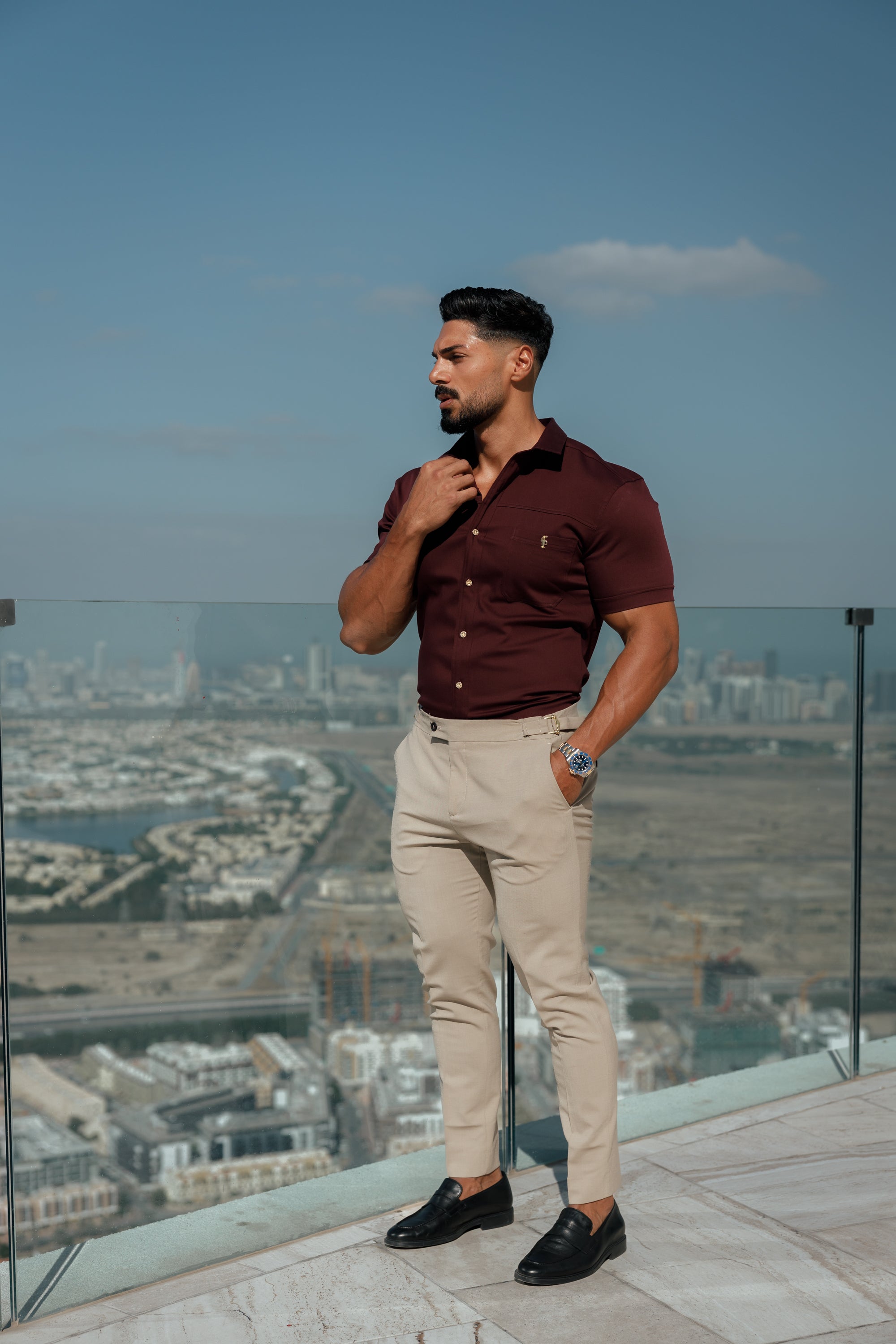 Super Slim Stretch Burgundy Denim Short Sleeve with Horizontal Seam and Pocket- FS961