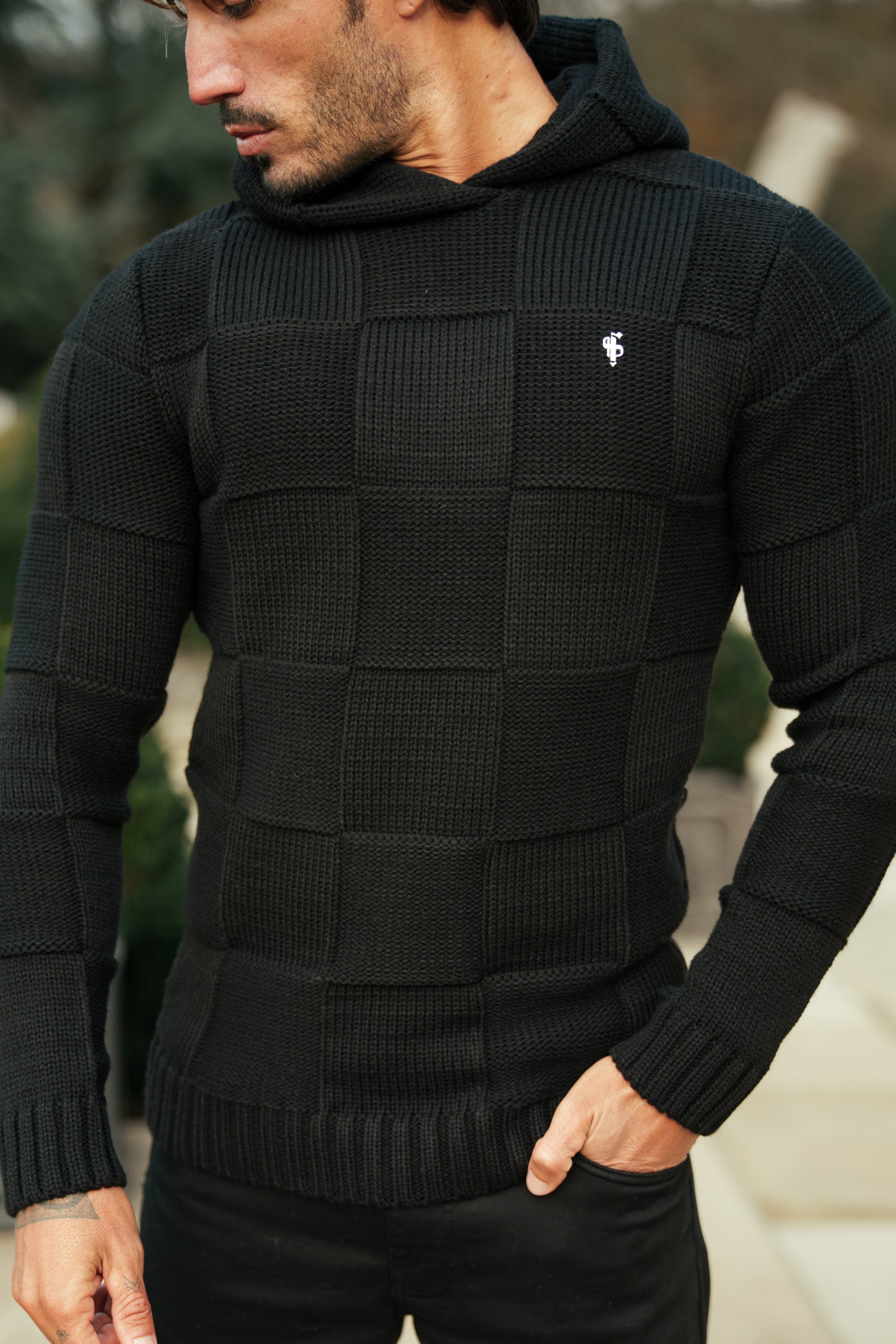 Black Checkerboard Knitted Hoodie - FSJ135