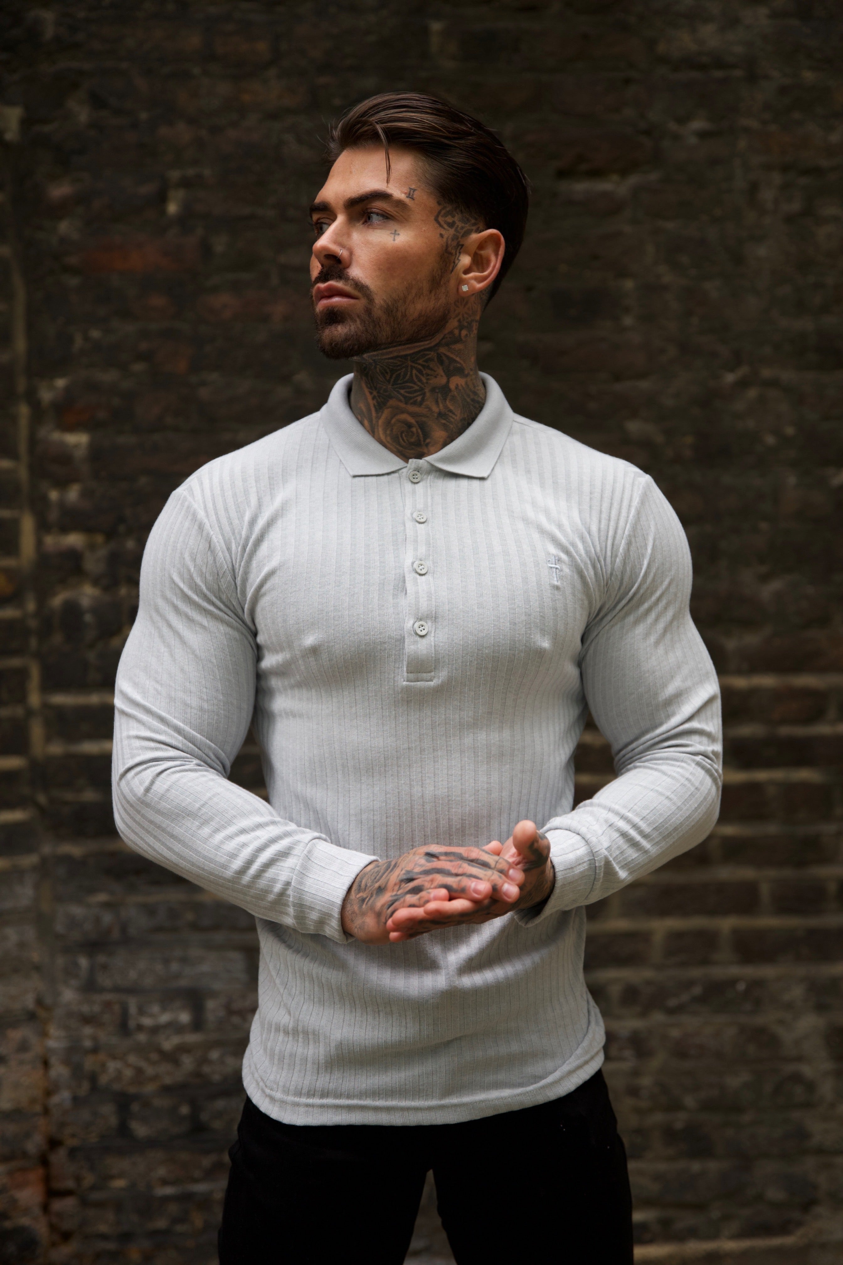 Classic Light Grey Ribbed Polo Shirt Long Sleeve - FSH972