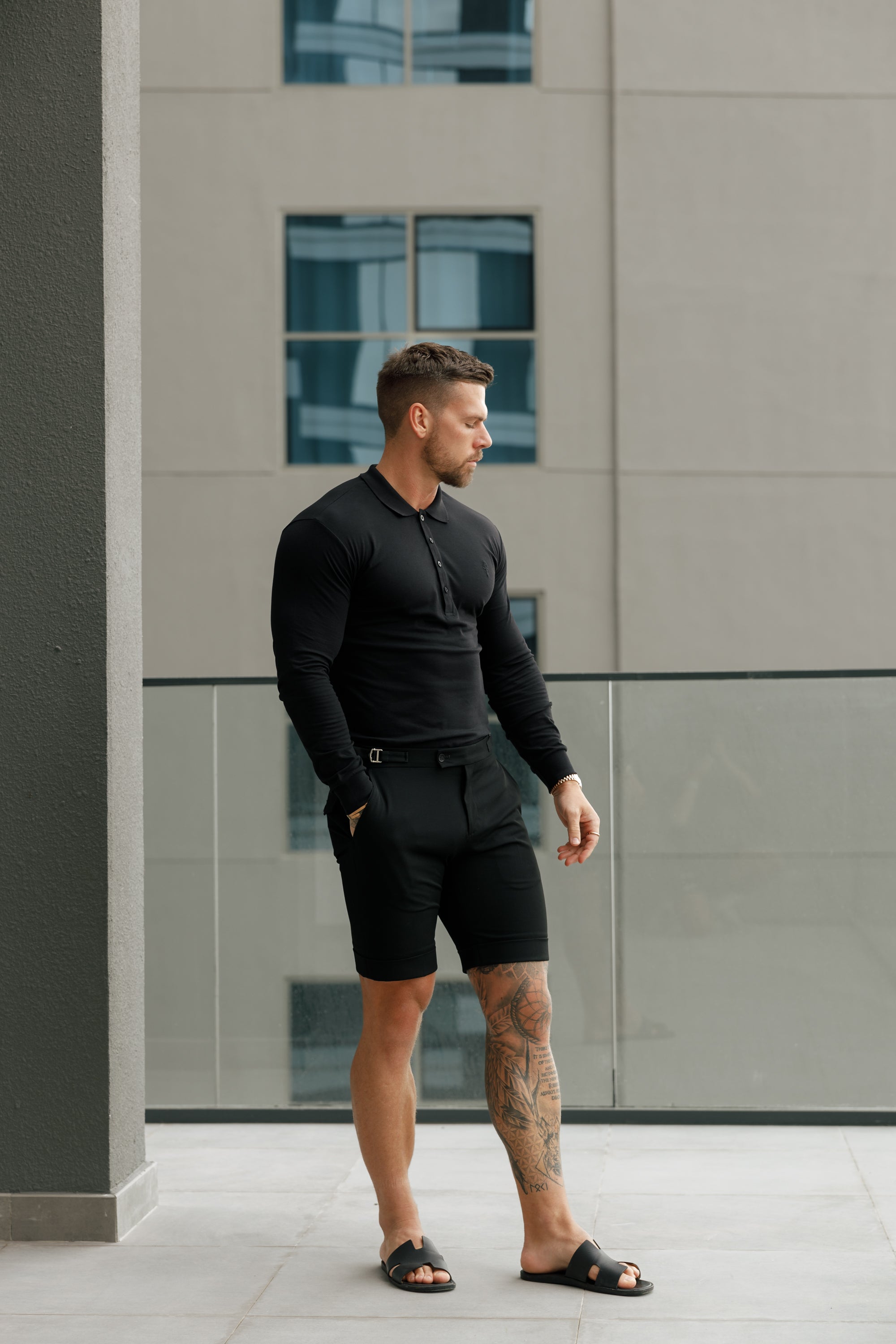 Classic Black Tonal Polo Long Sleeve Shirt - FSH857