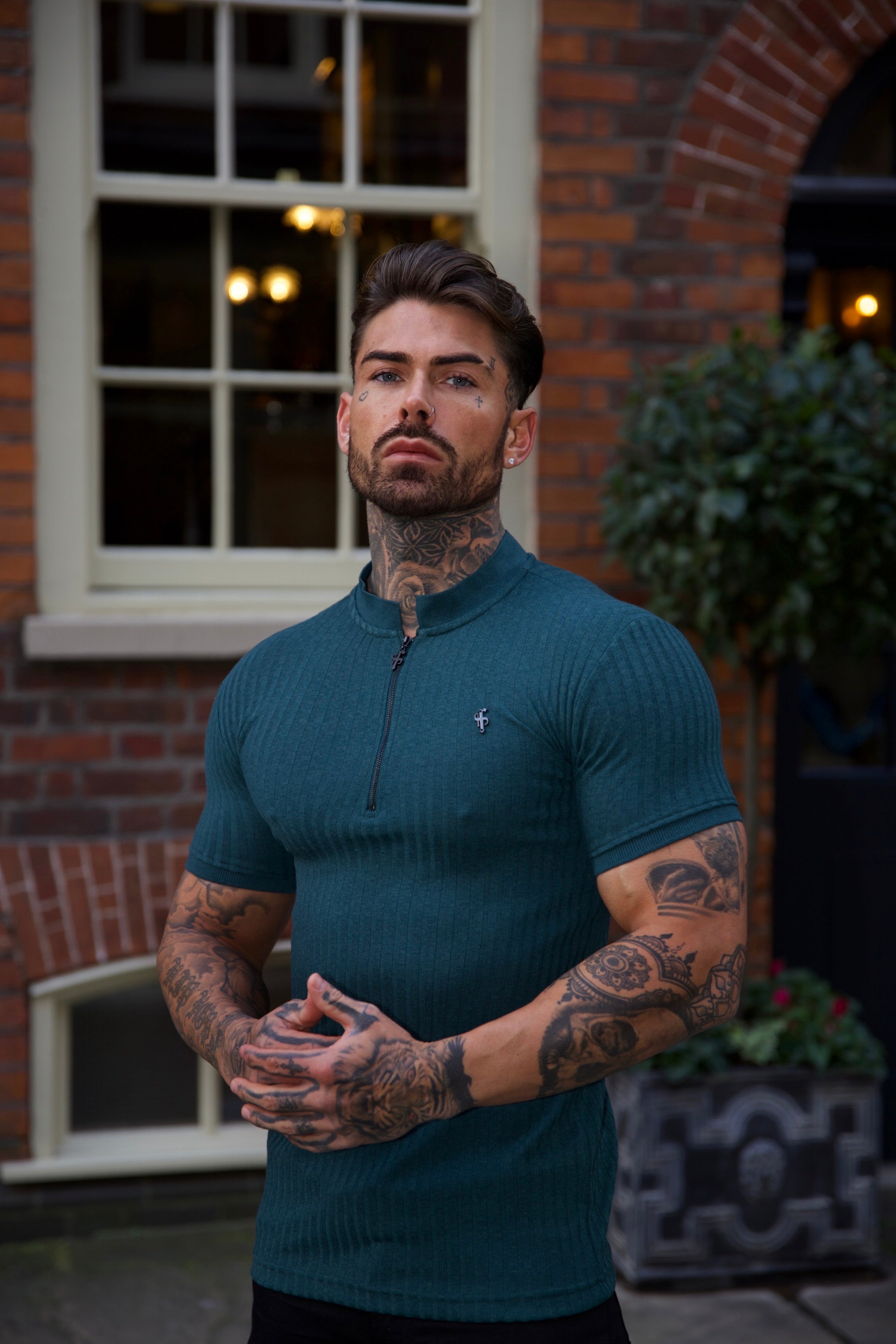 Classic Forest Green / Black Ribbed Black Zip Grandad Collar Shirt Short Sleeve - FSH917