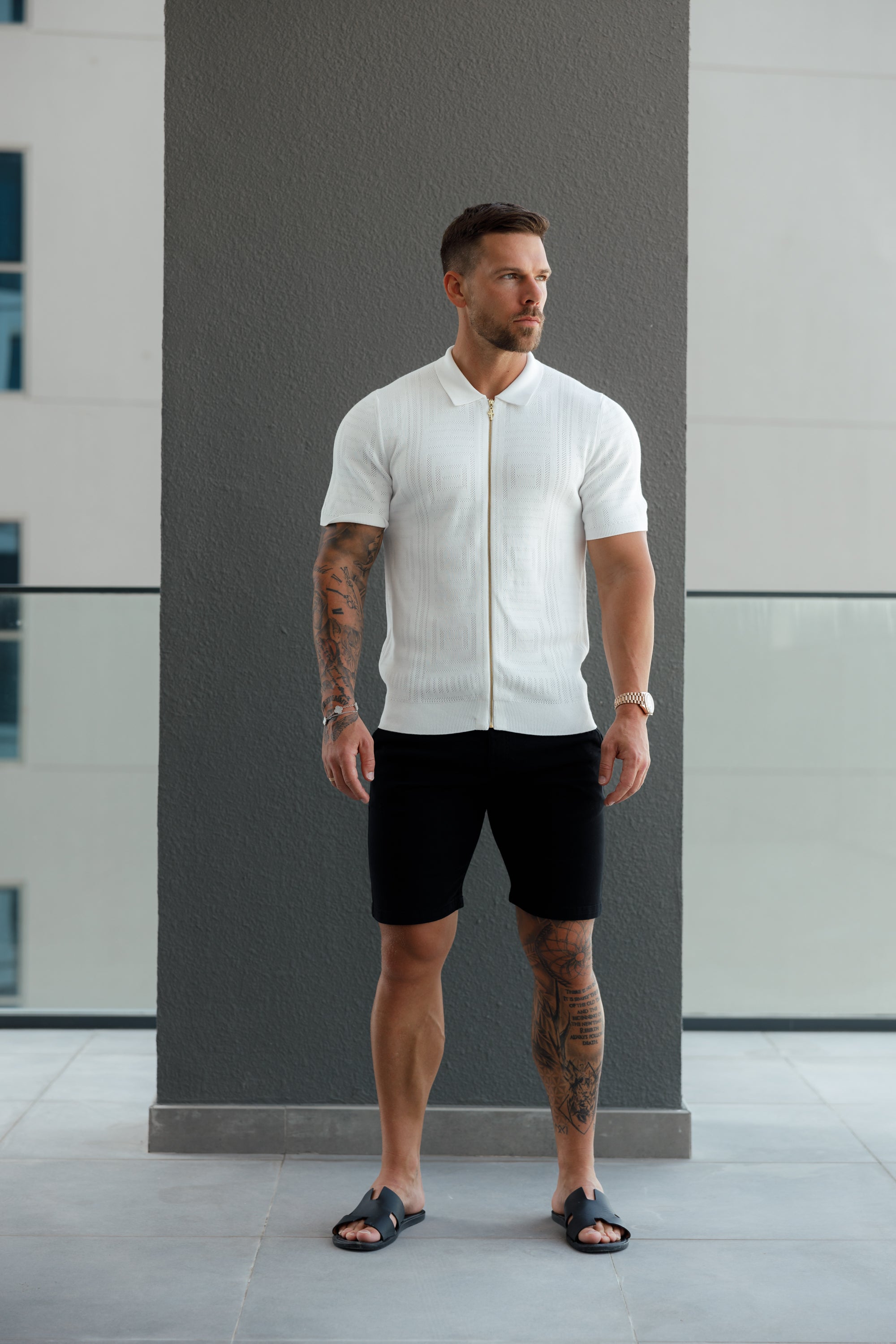 Classic Knitted Geo Design With Full Length Zip Off White Short Sleeve - FSN148