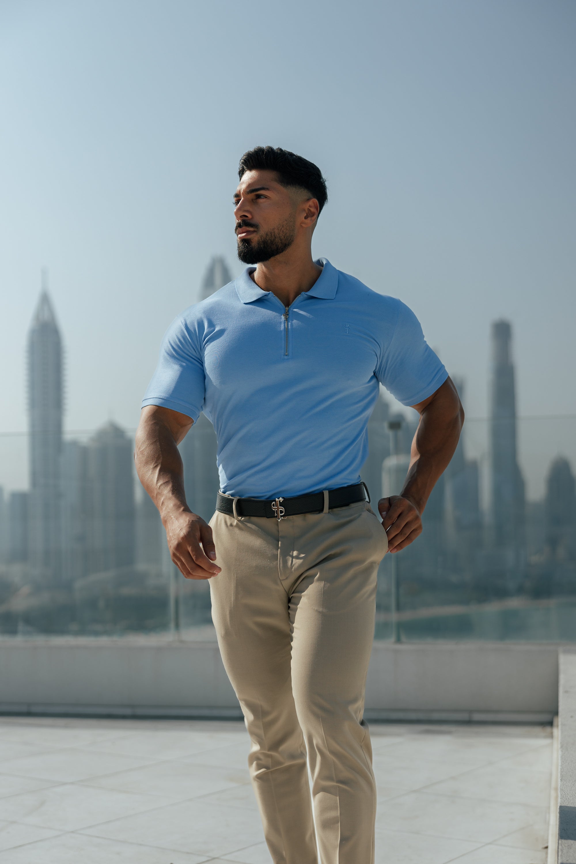 Classic Light Blue and Silver Zipped Polo Shirt - FSH856