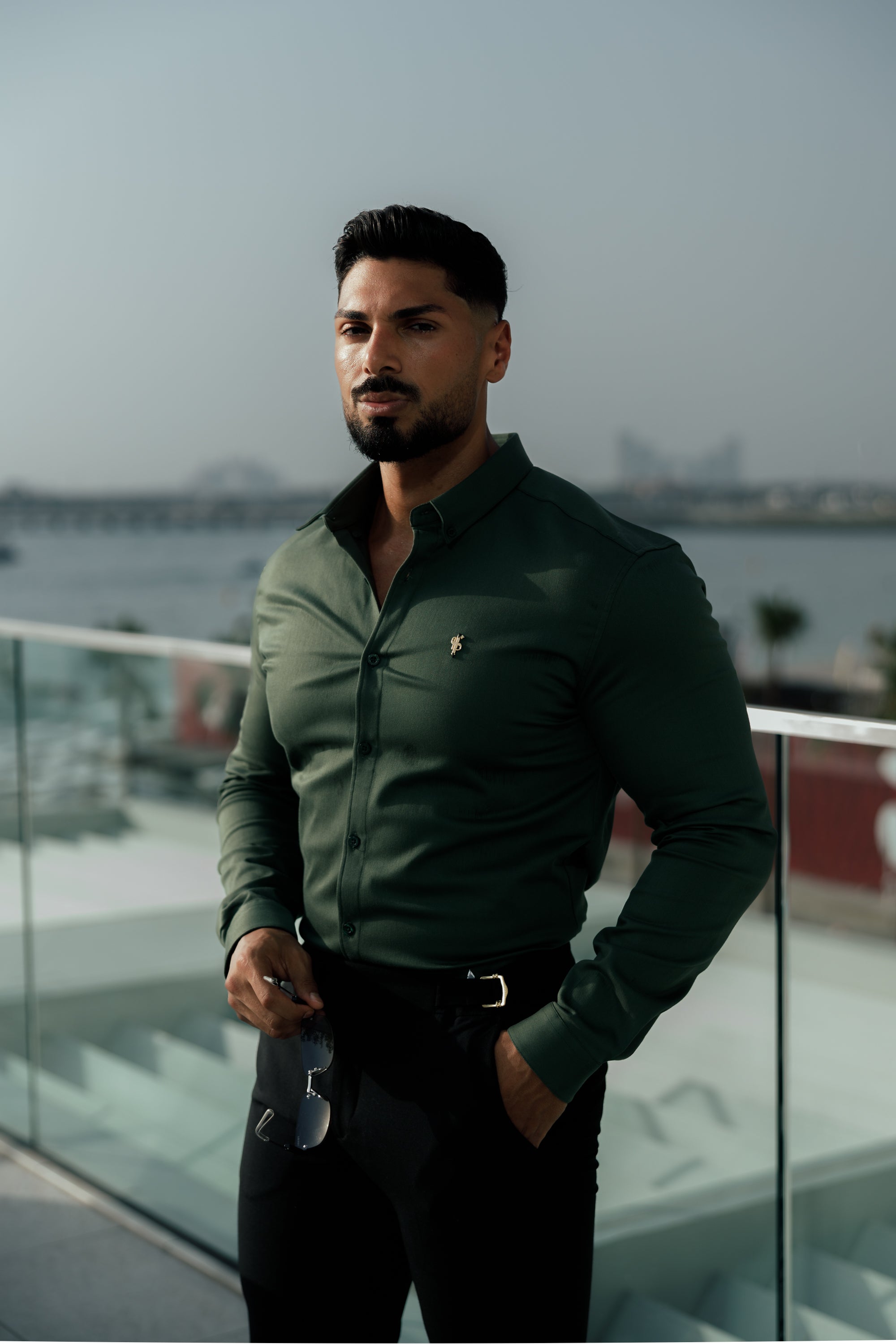 Super Slim Stretch Khaki Denim Long Sleeve with Gold Metal Decal and Button Down Collar - FS1044