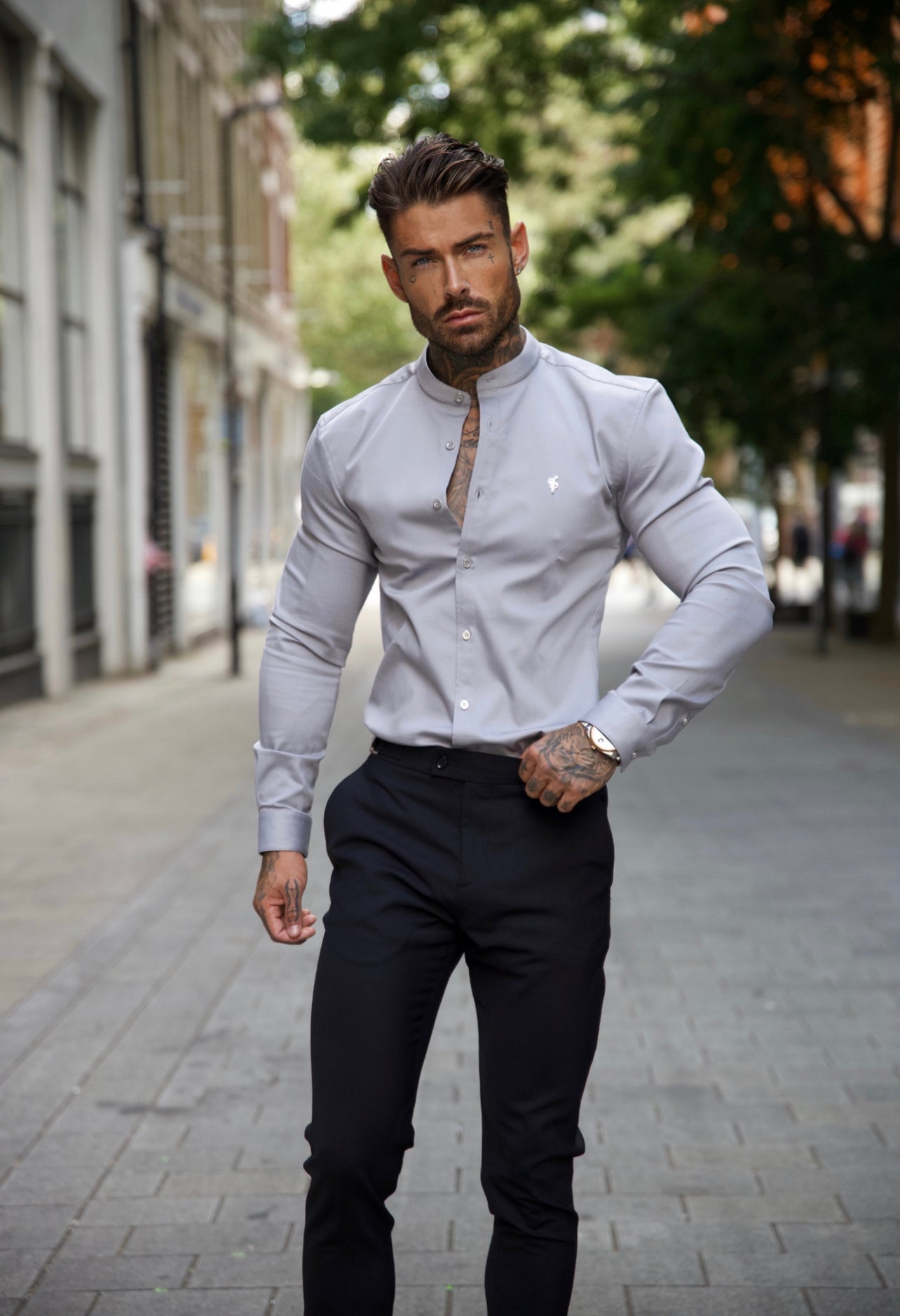 Super Slim Stretch Grey Denim Long Sleeve With Grandad Collar and Silver Metal Buttons and Decal - FS962
