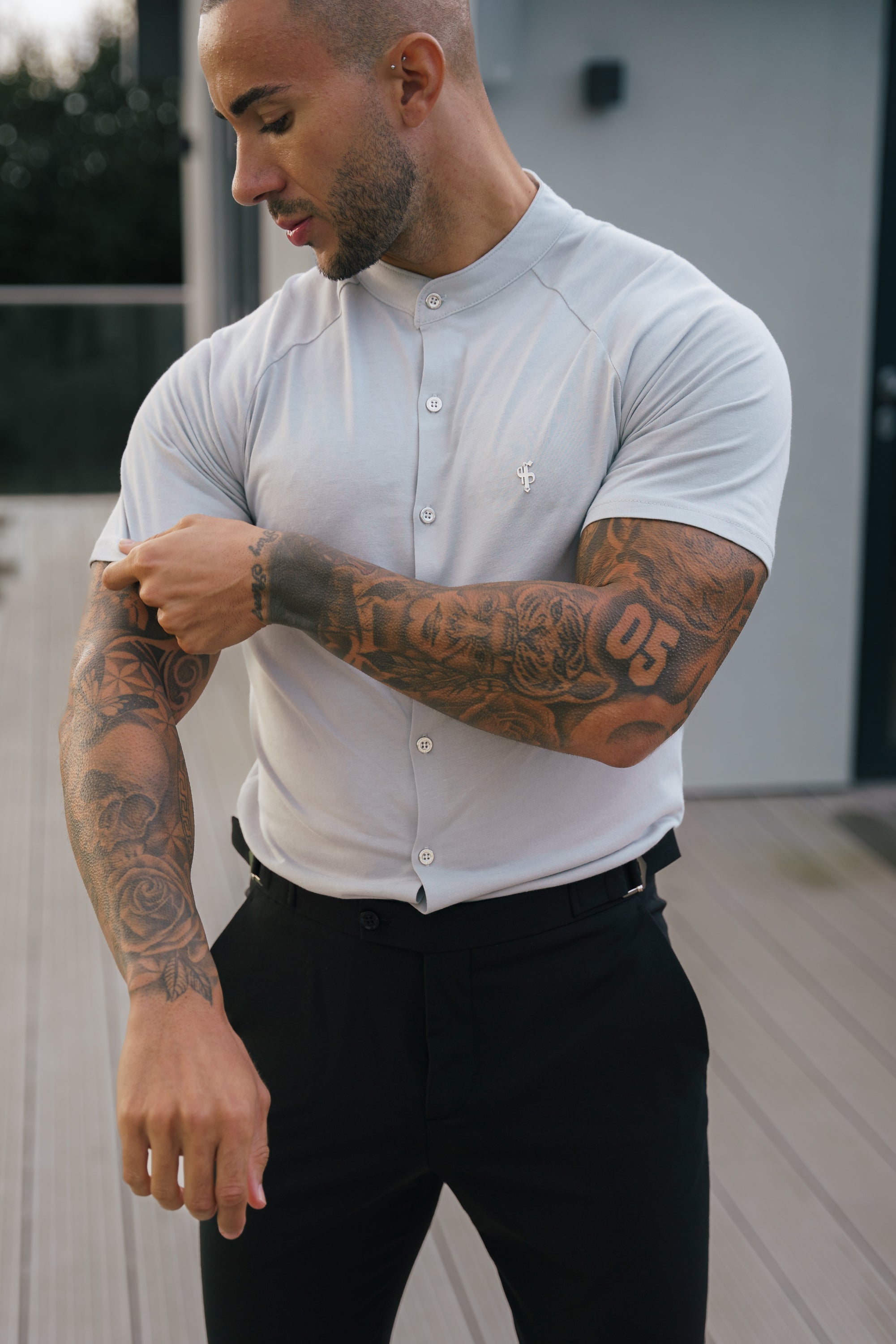 Slim Bamboo Raglan Grandad Collar Grey - FSH1155