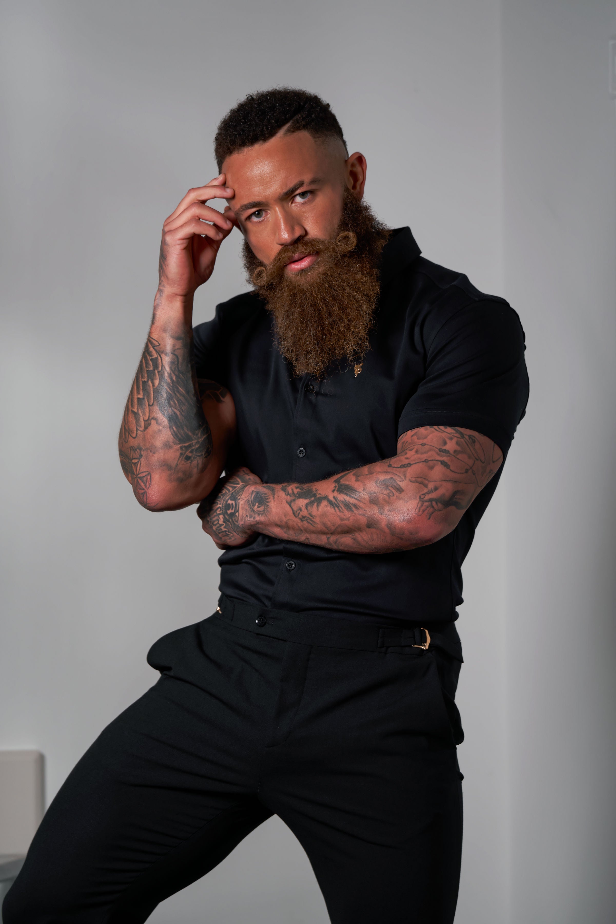 Slim Formal Black Stretch Trousers With Gold Waist Adjusters - FST036