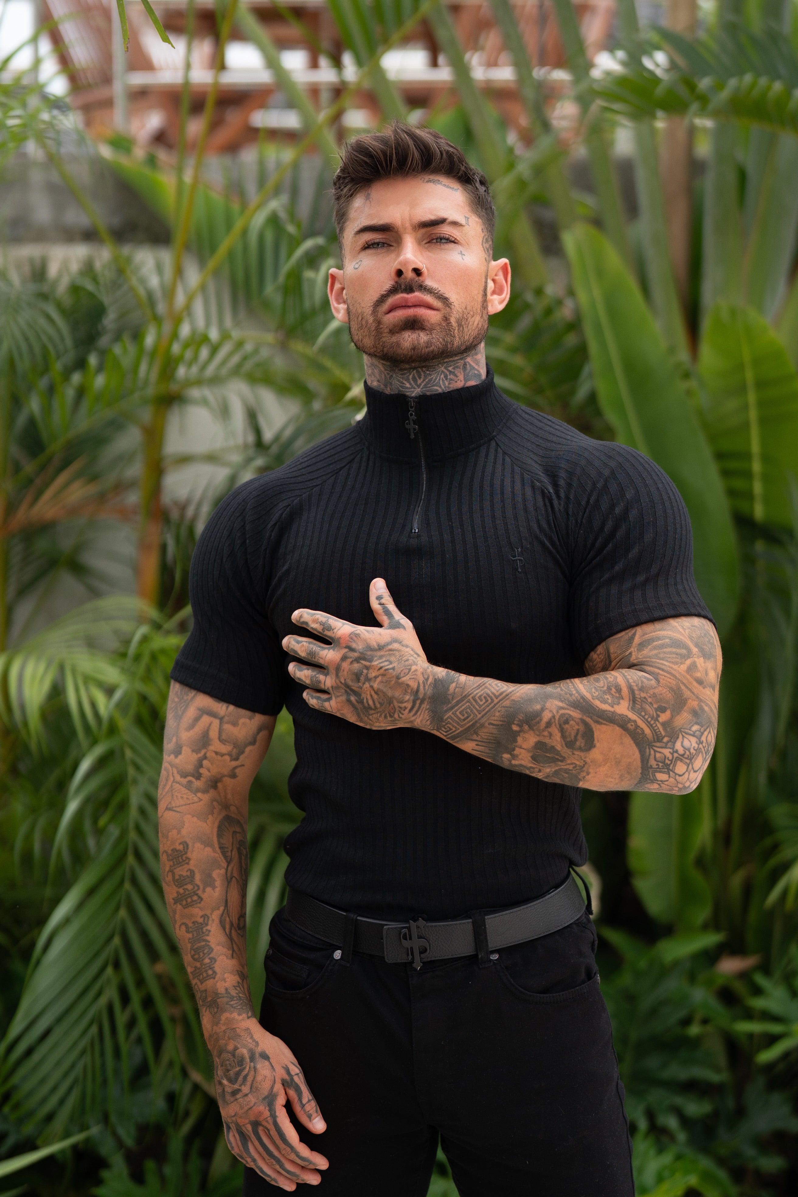 Classic Black Ribbed Zip Funnel Neck Raglan Short Sleeve Crew - FSH729