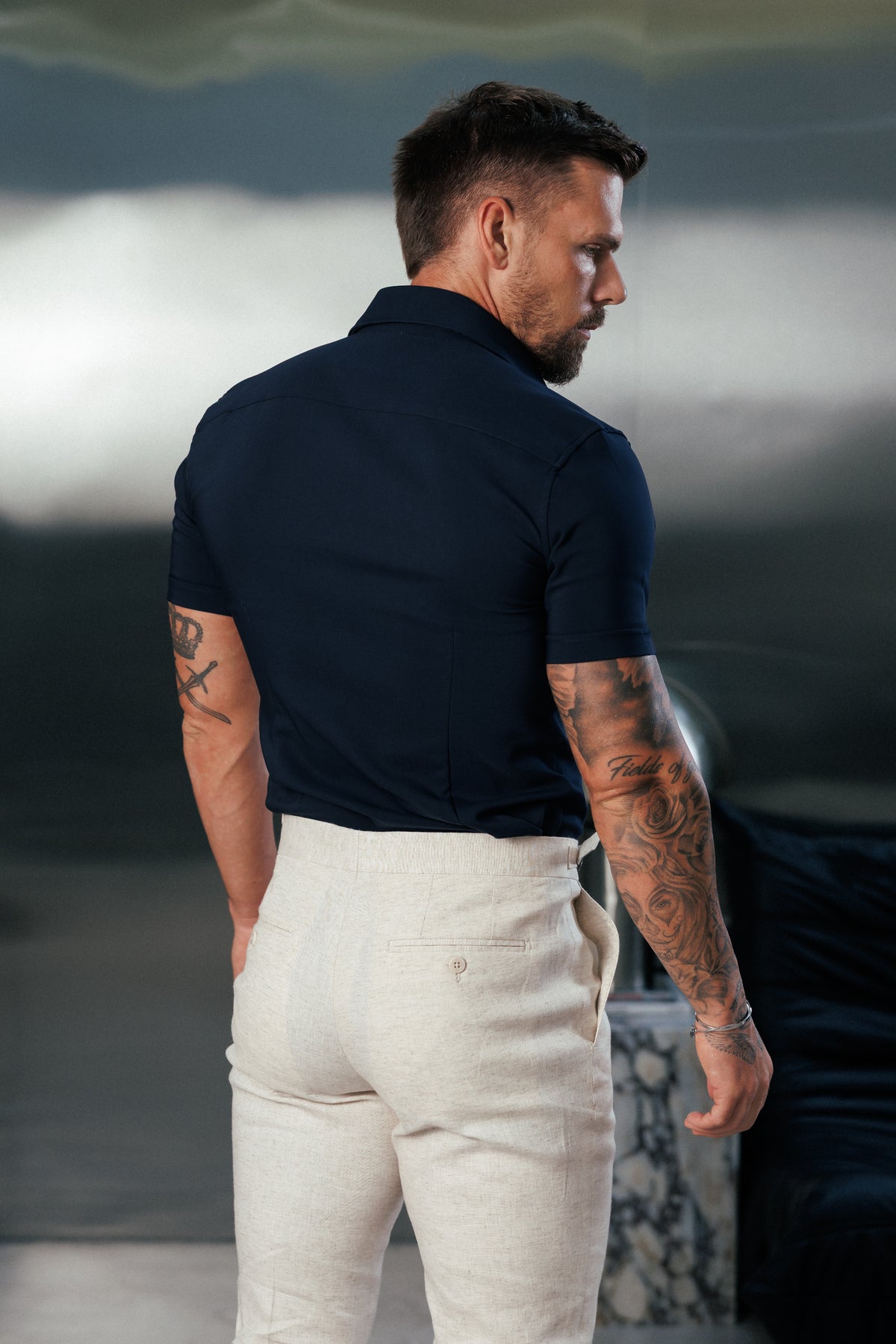 Super Slim Scuba Navy Short Sleeve Stretch with Cutaway Collar - FS1264