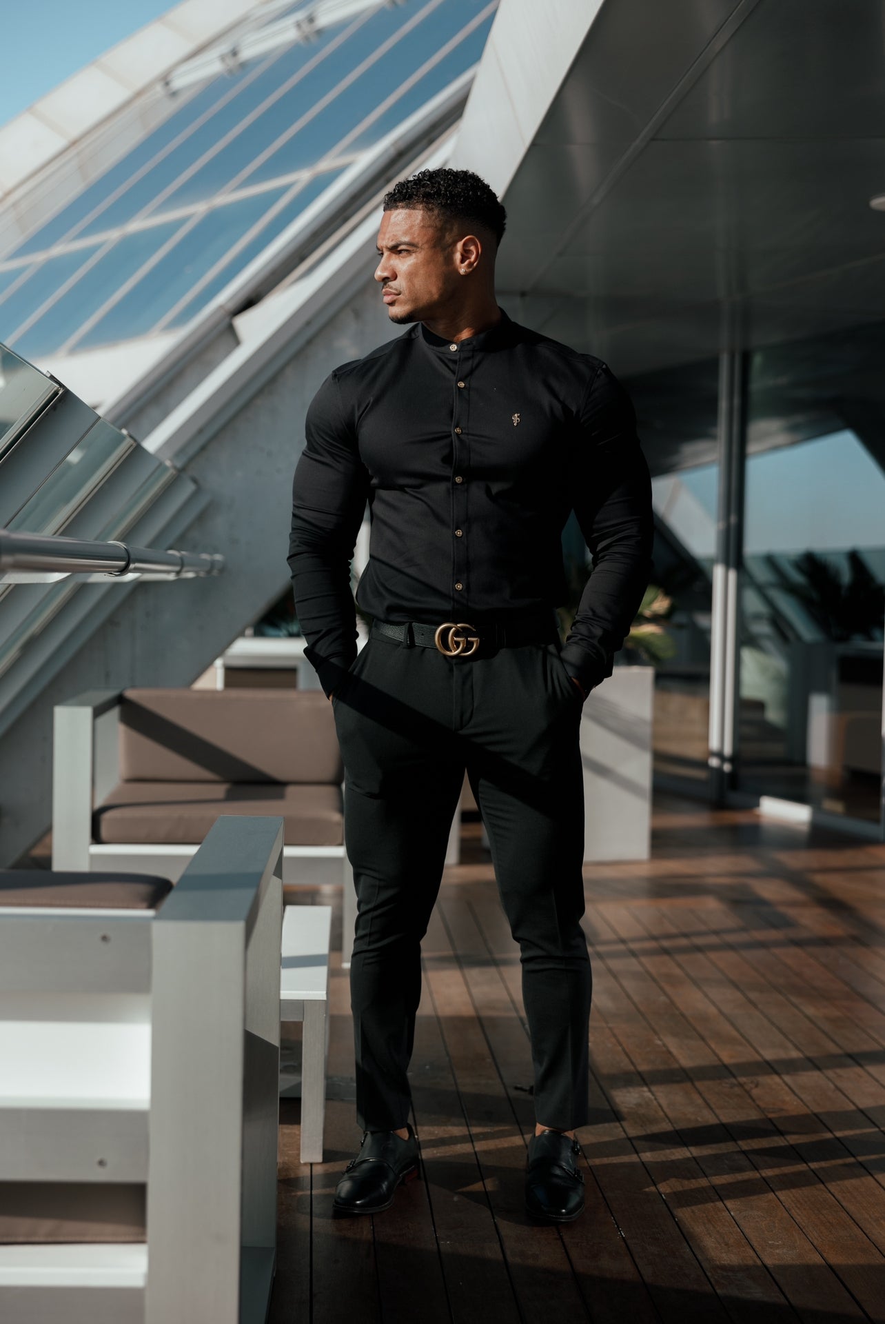 Super Slim Stretch Black Denim Long Sleeve Grandad collar with Metal Buttons and Decal Emblem - FS707