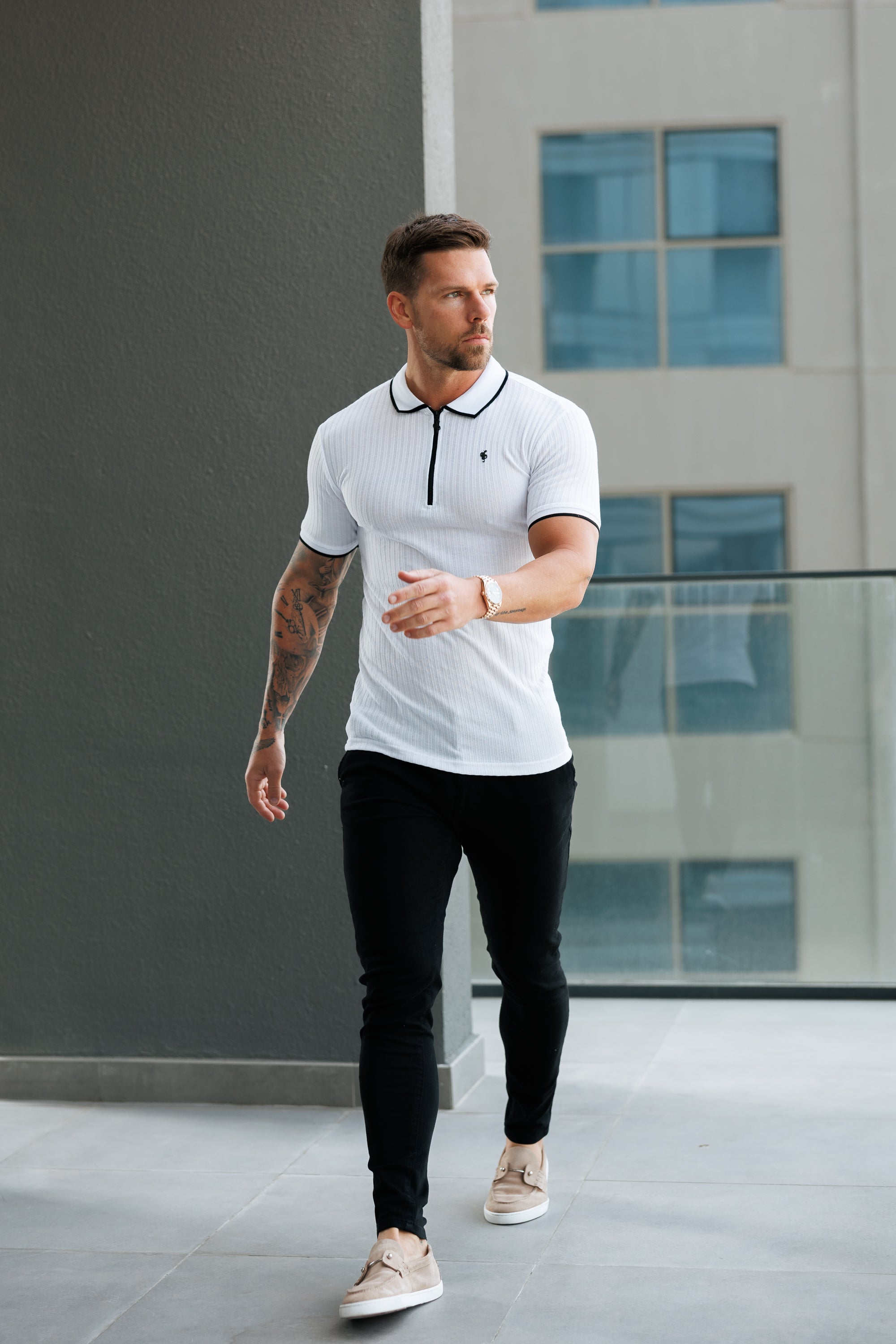 Classic White Ribbed Zip Polo with Contrast Short Sleeve - FSH1102