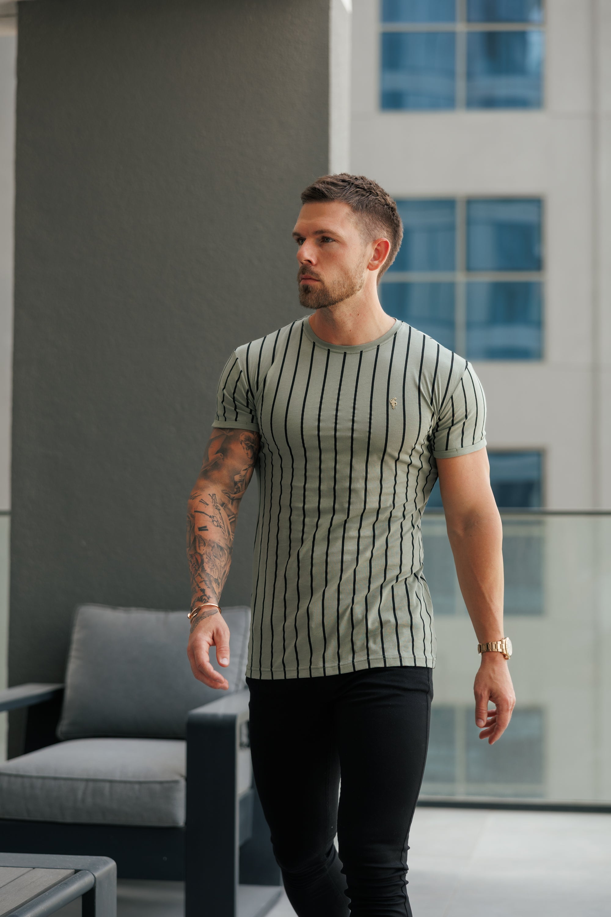 Printed Olive / Black Stripe Fitted T Shirt - FSH1374